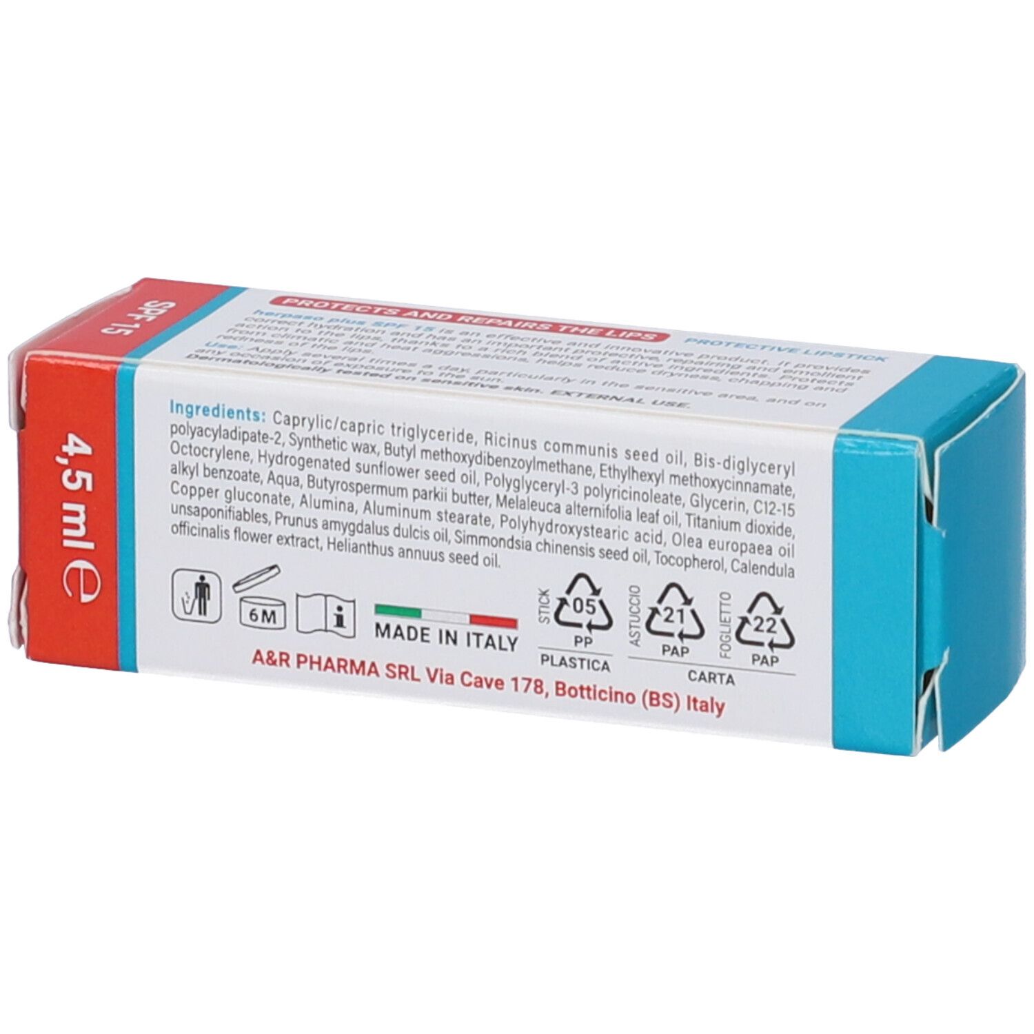 Herpaso Plus SPF15 Stick Labbra Protettivo. Retro della scatola. Testo: Ingredienti, 4,5 ml, Made in Italy.