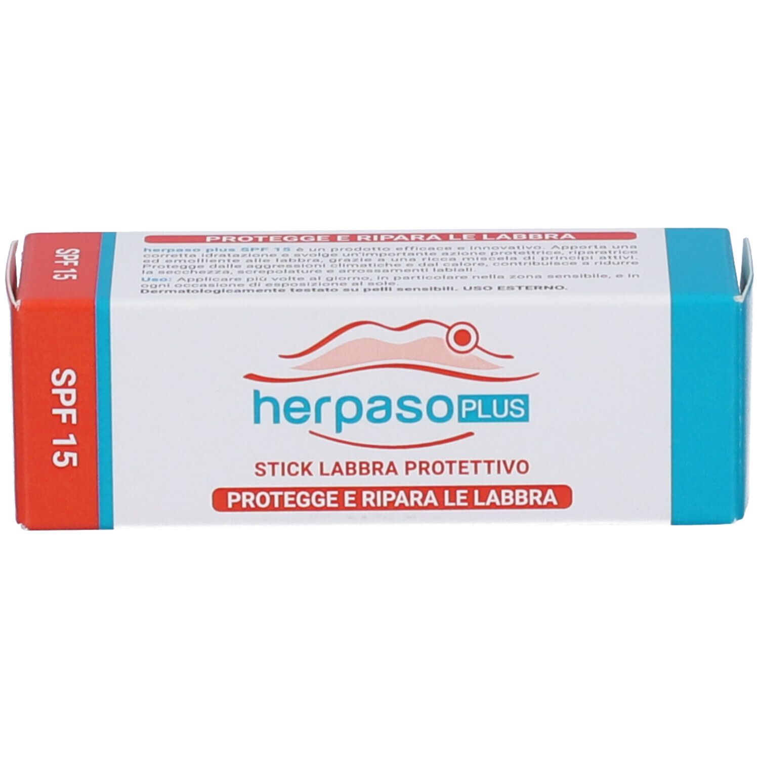 Herpaso Plus SPF15 Stick Labbra Protettivo. Scatola bianca con dettagli rossi e blu. Testo: SPF 15.