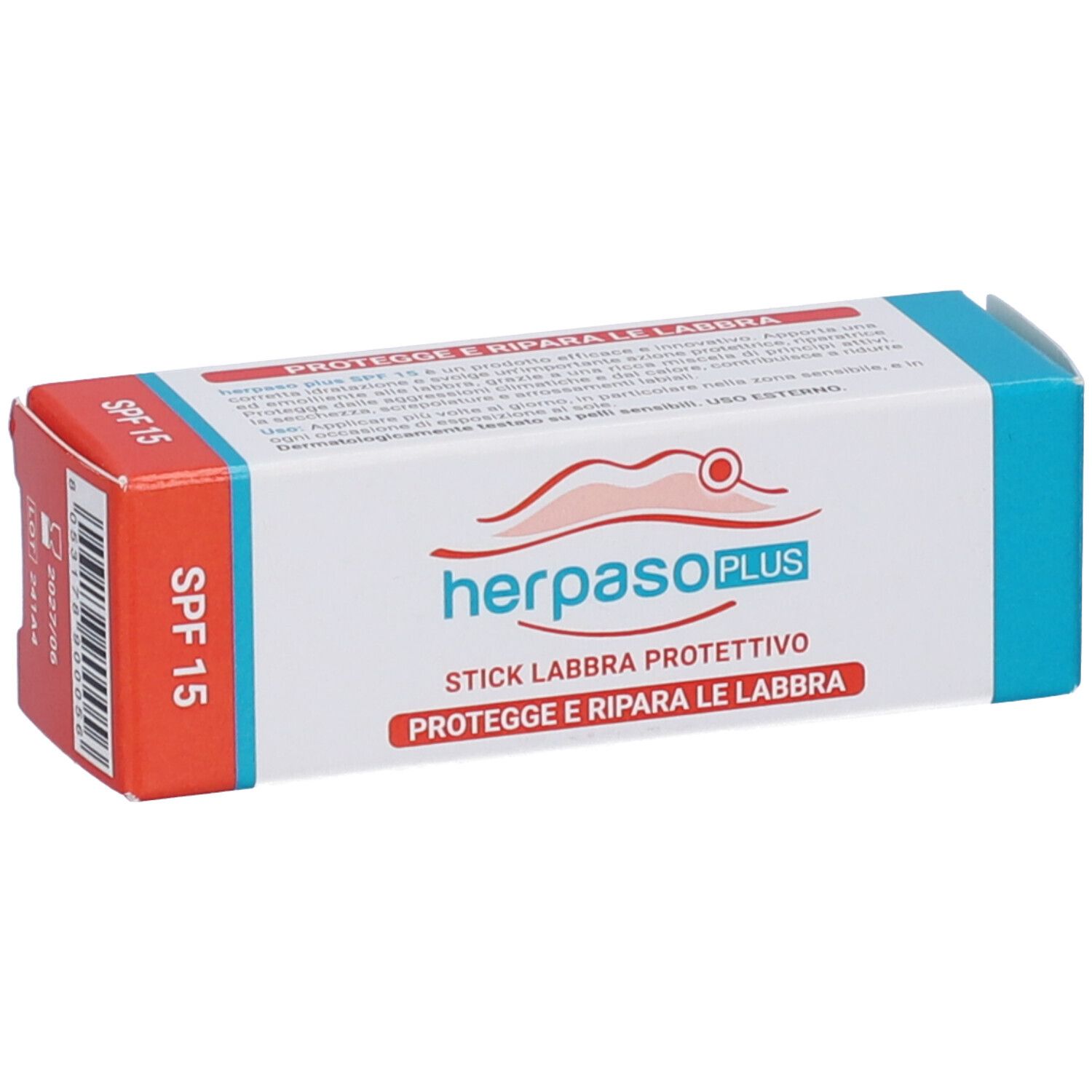 Herpaso Plus SPF15 Stick Labbra Protettivo. Scatola bianca con dettagli rossi e blu. Testo: SPF 15.