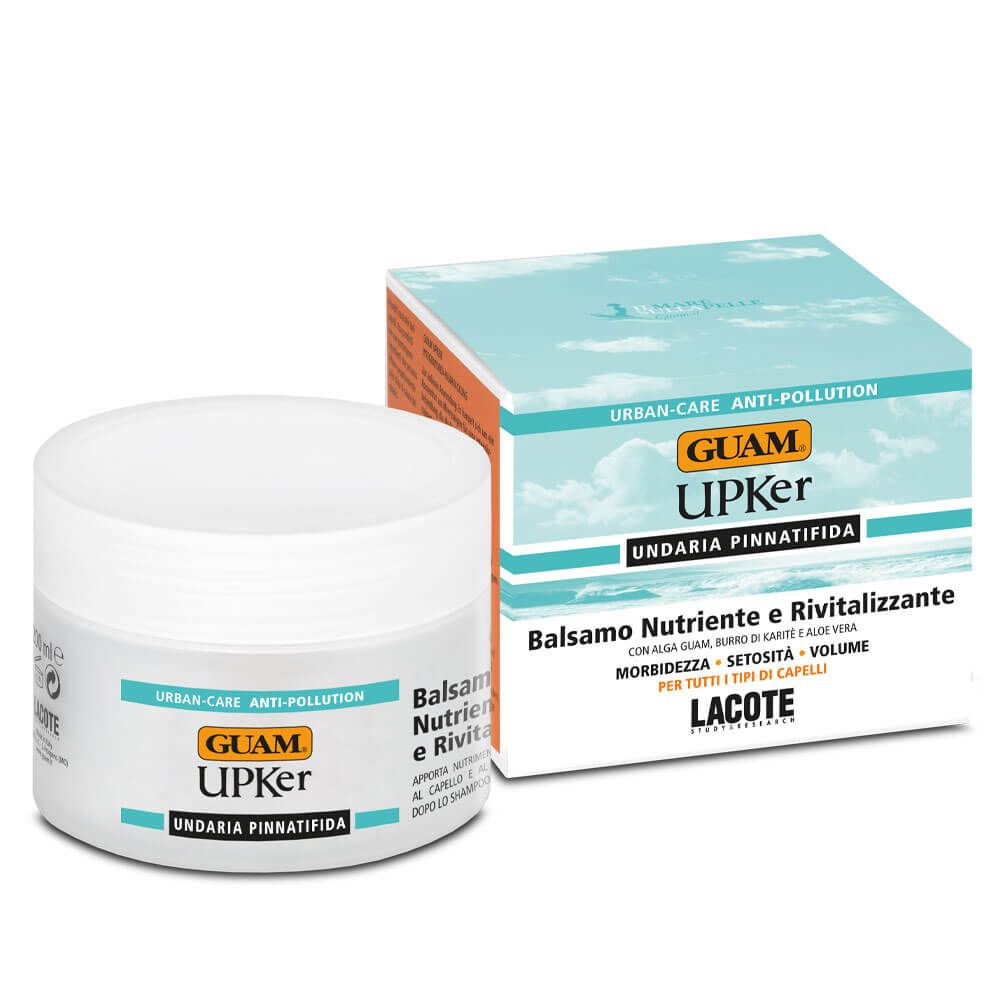 Vaso bianco e confezione. Scritta GUAM UPKer Balsamo Nutriente Rivitalizzante. Con confezione.
