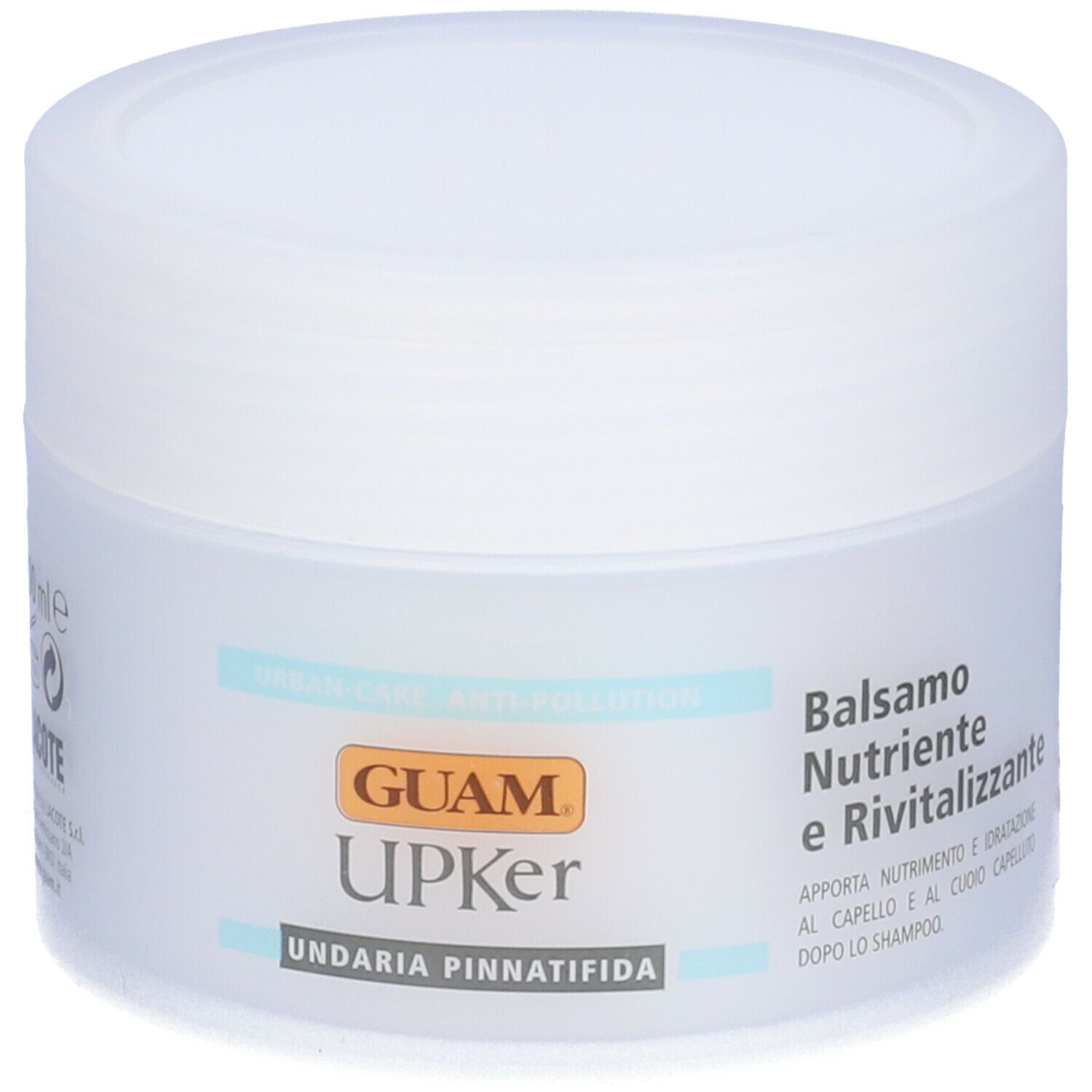 Vaso bianco con scritta GUAM UPKer Balsamo Nutriente Rivitalizzante. Urban-Care Anti-Pollution.
