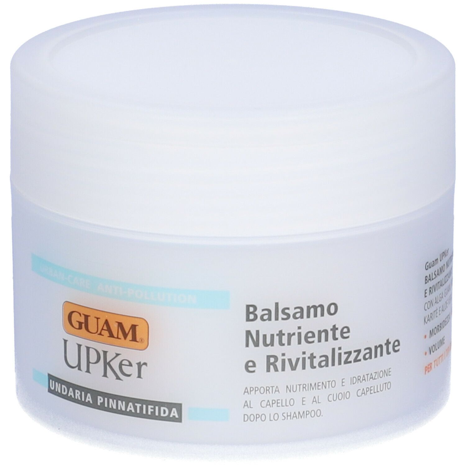 Vaso bianco. Scritta GUAM UPKer Balsamo Nutriente Rivitalizzante. Testo sul lato.