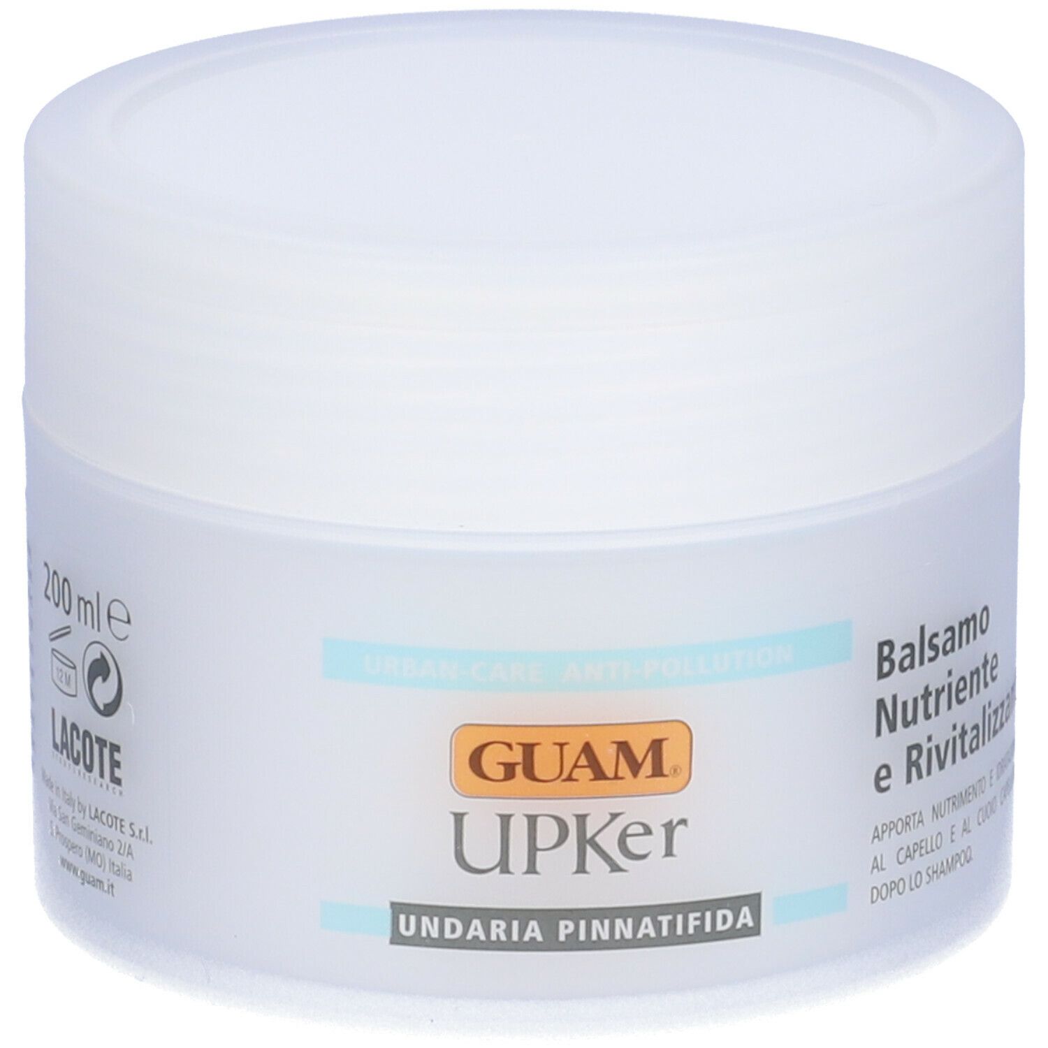 Vaso bianco. Scritta GUAM UPKer Balsamo Nutriente Rivitalizzante. Testo sul lato.