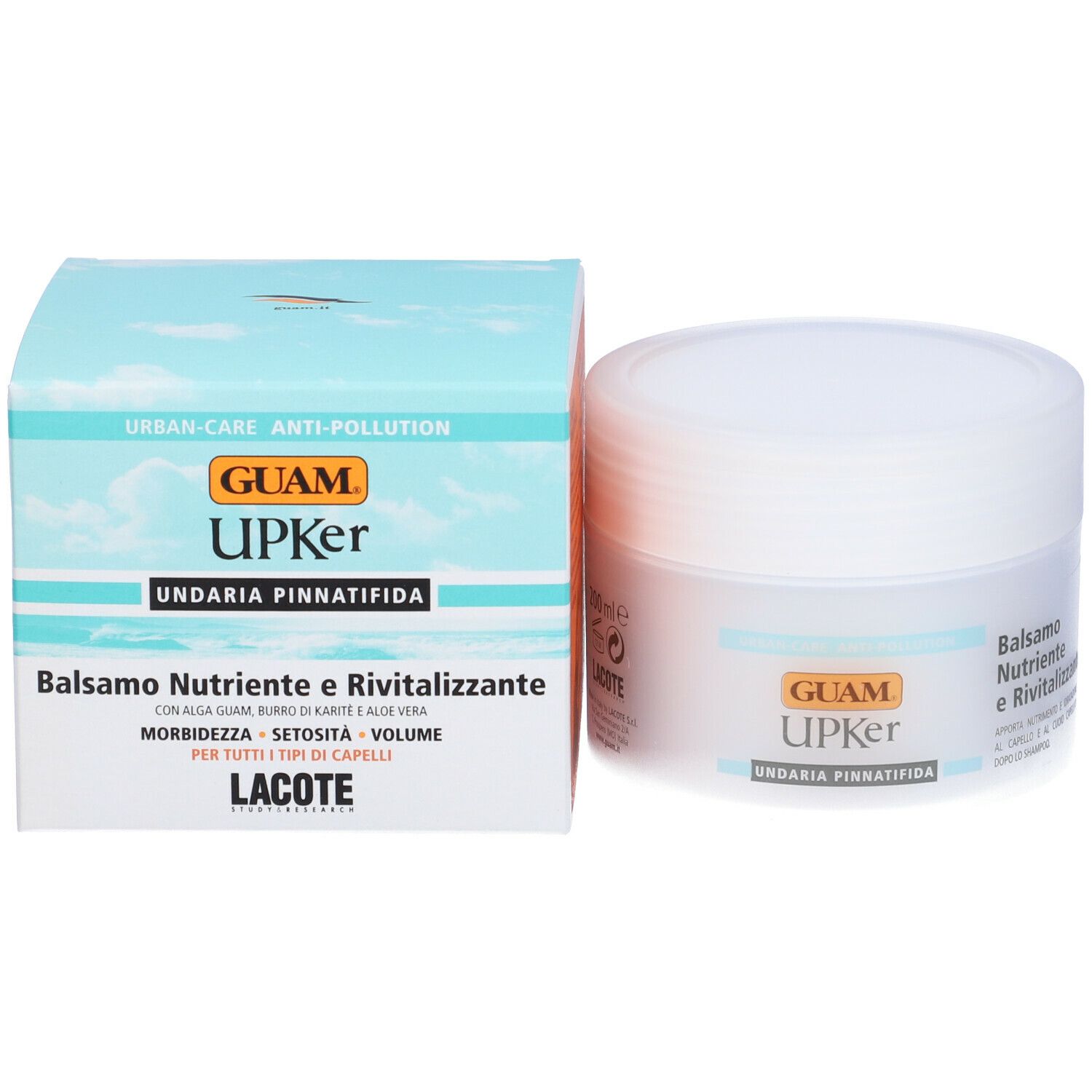Vaso bianco e confezione. Scritta GUAM UPKer Balsamo Nutriente Rivitalizzante. Con confezione.