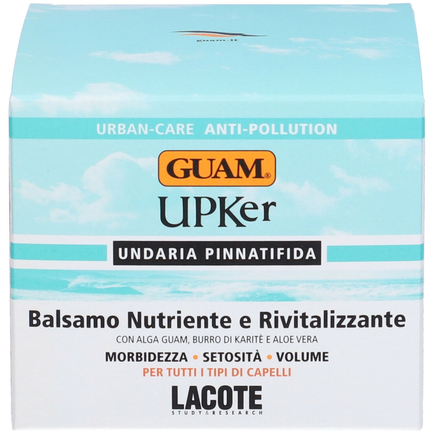 Confezione con scritta GUAM UPKer Balsamo Nutriente Rivitalizzante. Urban-Care Anti-Pollution.