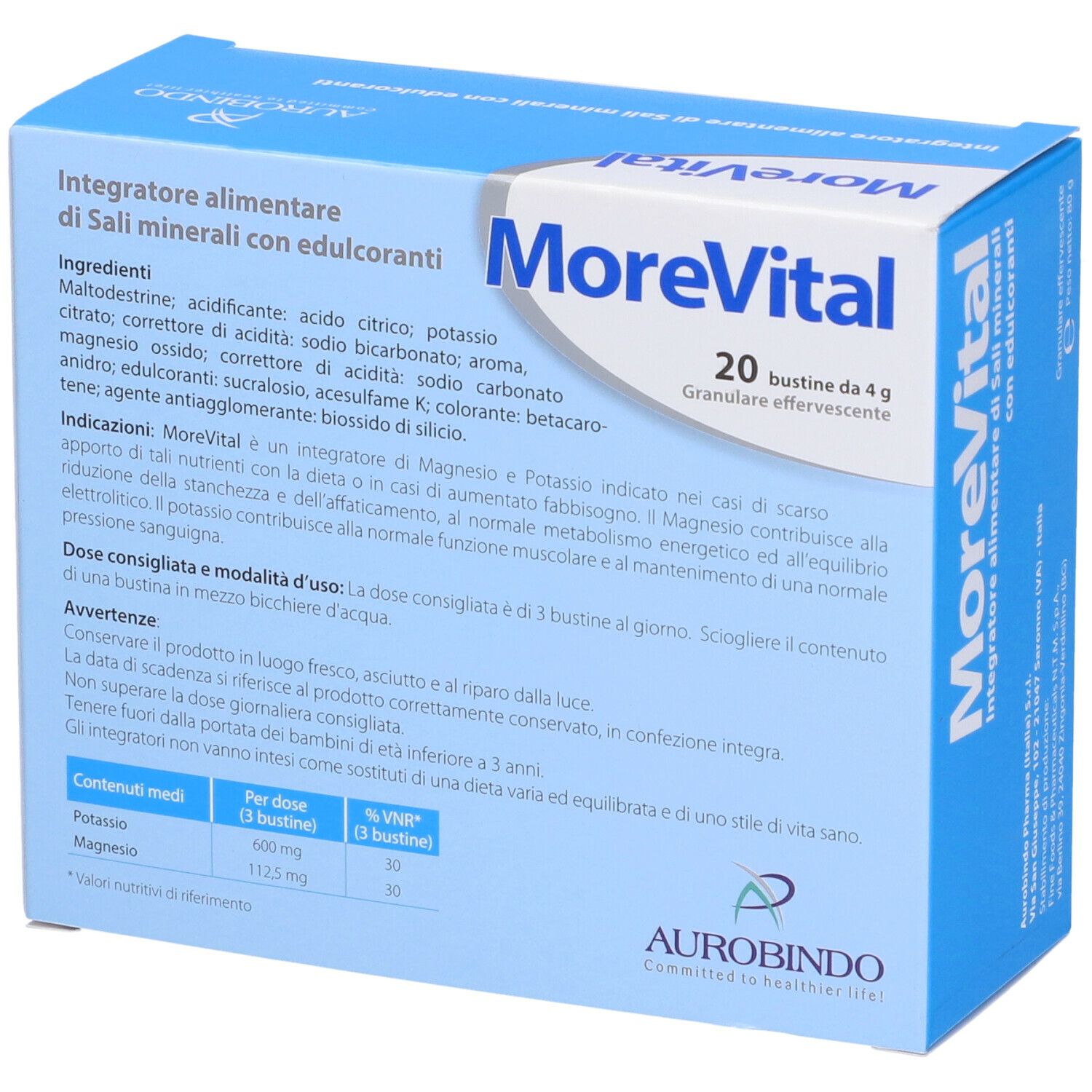 Scatola 'MoreVital' con ingredienti. 20 bustine. Marchio Aurobindo.