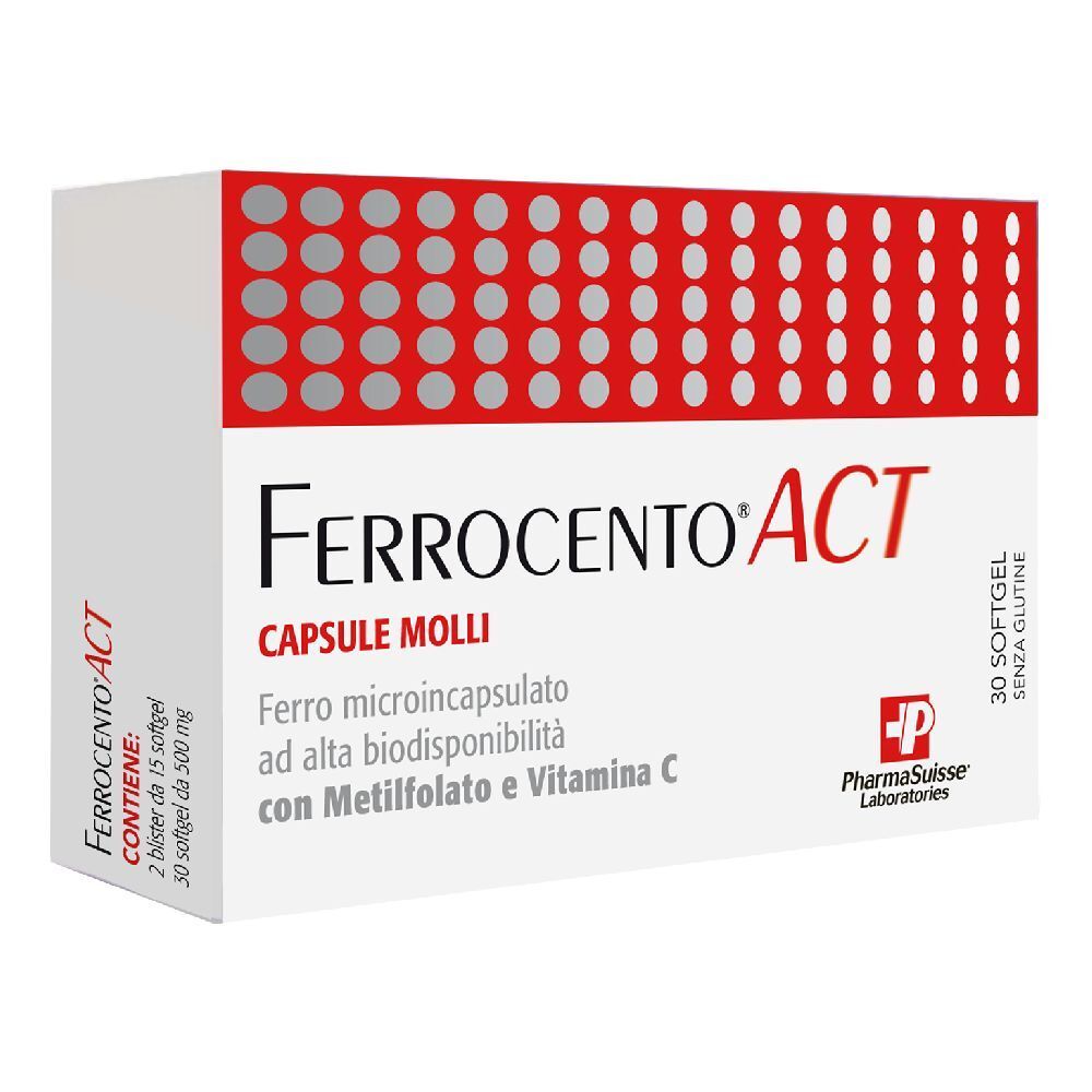 Scatola di Ferrocento ACT, capsule molli. Colori rosso e bianco. Contiene 30 capsule. Scritta "Senza glutine".
