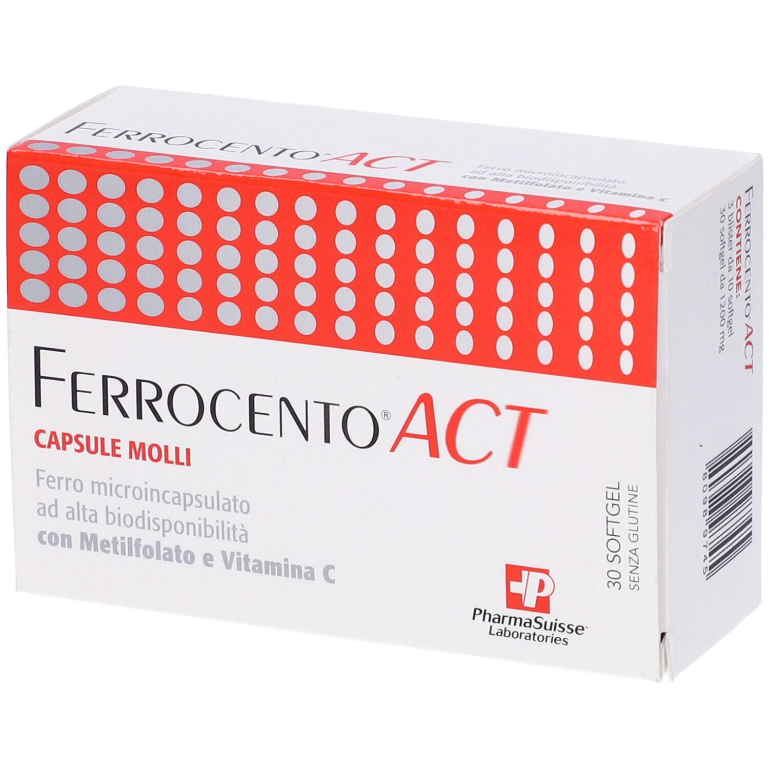 Scatola Ferrocento ACT, capsule molli. Bianca con coperchio rosso. Contiene 30 capsule. Logo PharmaSuisse Laboratories.