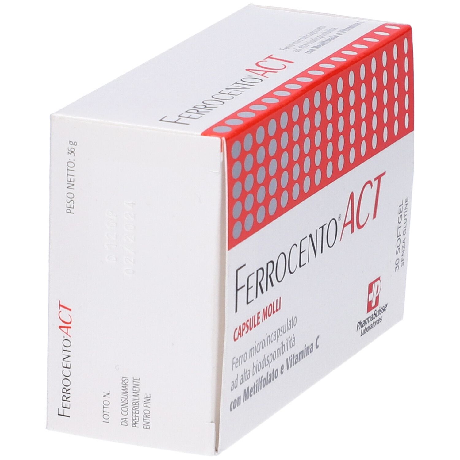 Scatola Ferrocento ACT, capsule molli. Bianca con coperchio rosso. Contiene 30 capsule. Logo PharmaSuisse Laboratories.