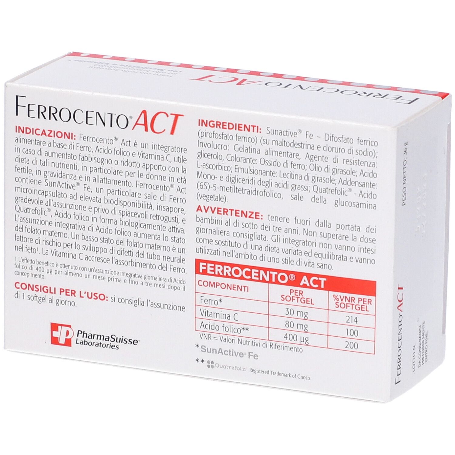 Retro della scatola Ferrocento ACT, capsule molli. Informazioni su ingredienti e uso. Logo PharmaSuisse Laboratories.