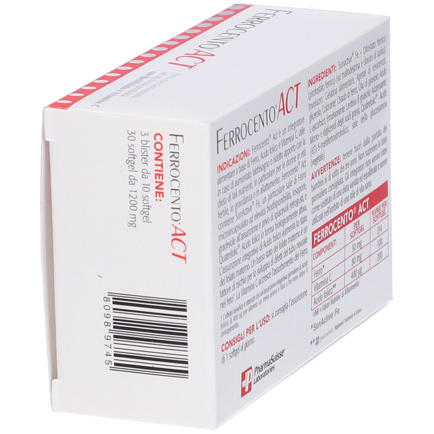 Scatola Ferrocento ACT, capsule molli. Contiene 3 blister da 10 capsule. Logo PharmaSuisse Laboratories.