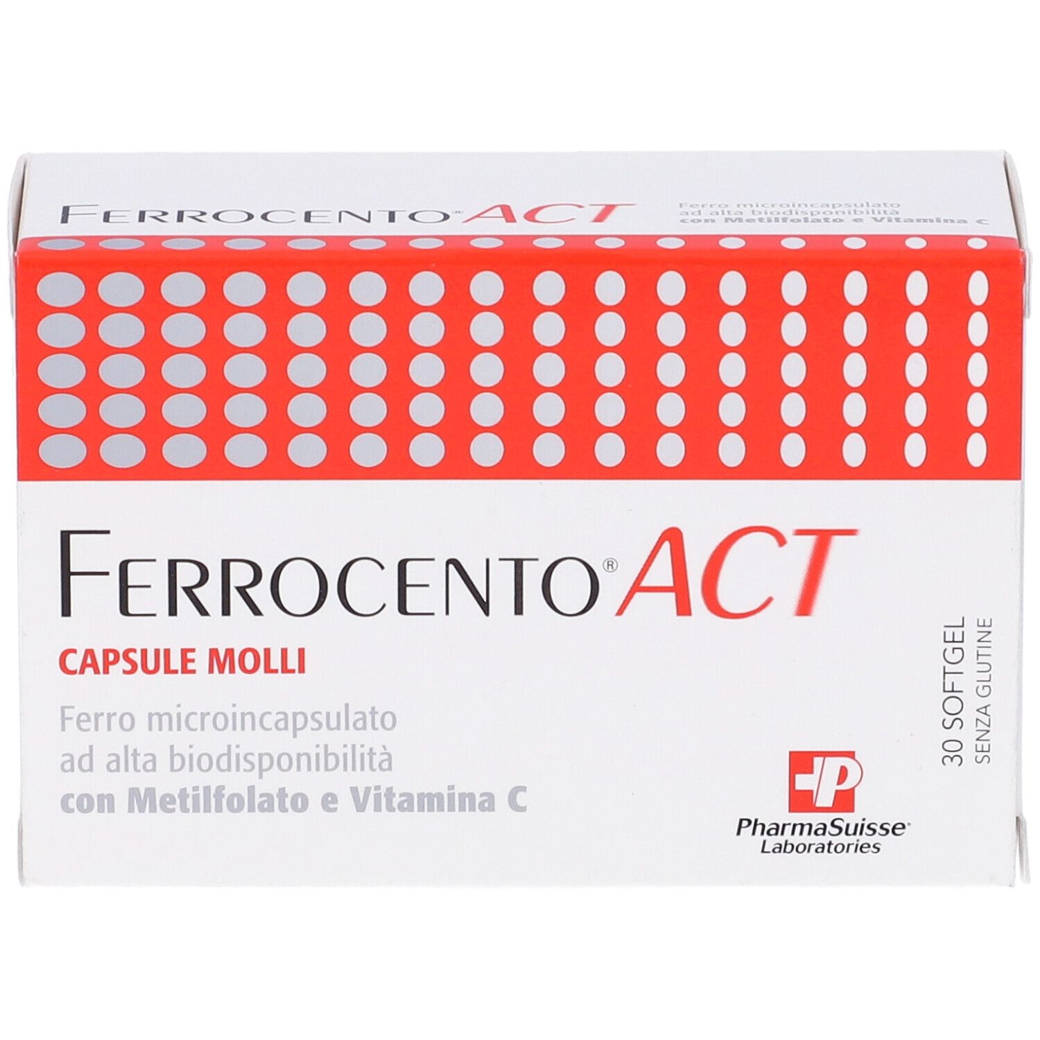 Scatola Ferrocento ACT, capsule molli. Bianca con coperchio rosso. Contiene 30 capsule. Logo PharmaSuisse Laboratories.