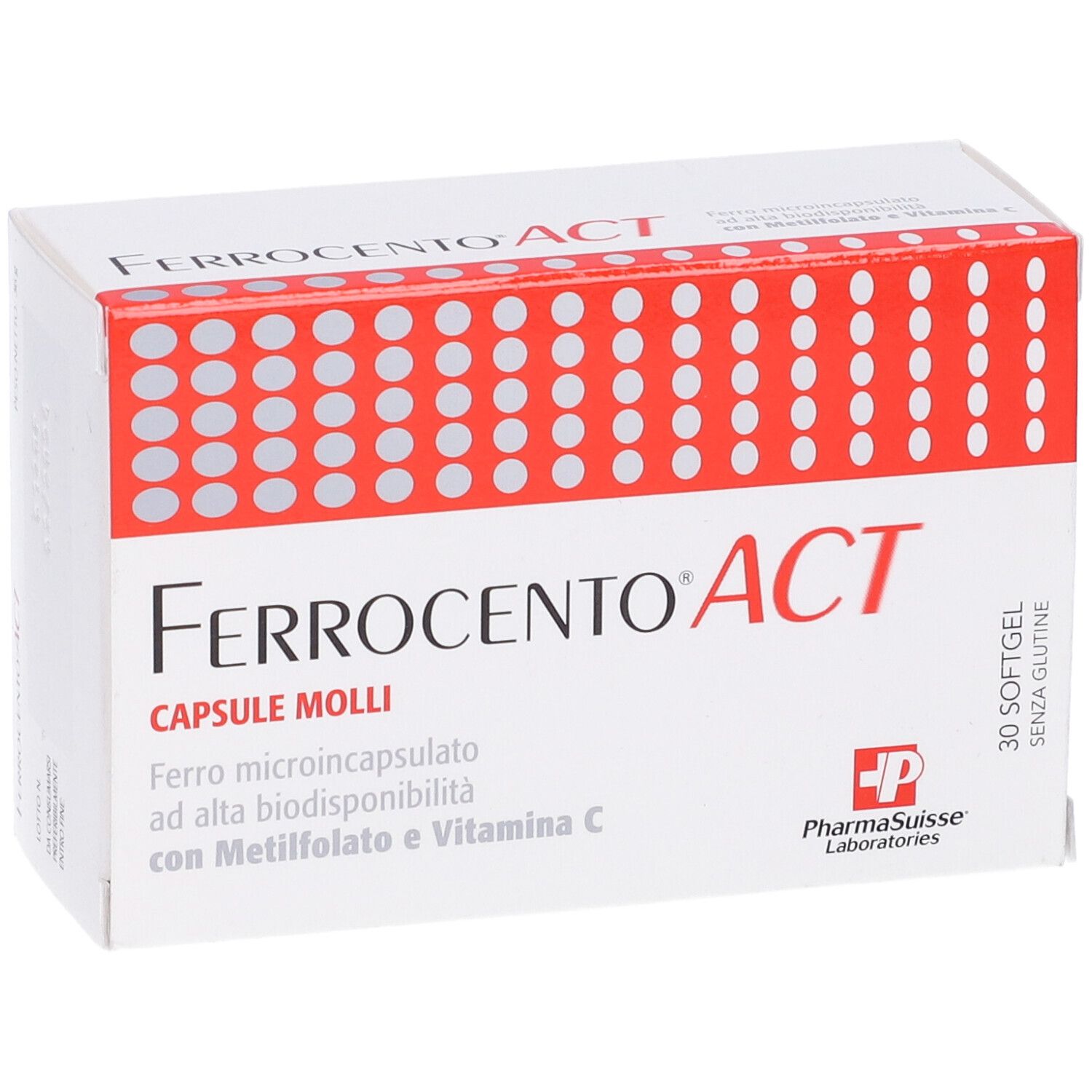 Scatola Ferrocento ACT, capsule molli. Bianca con coperchio rosso. Contiene 30 capsule. Logo PharmaSuisse Laboratories.