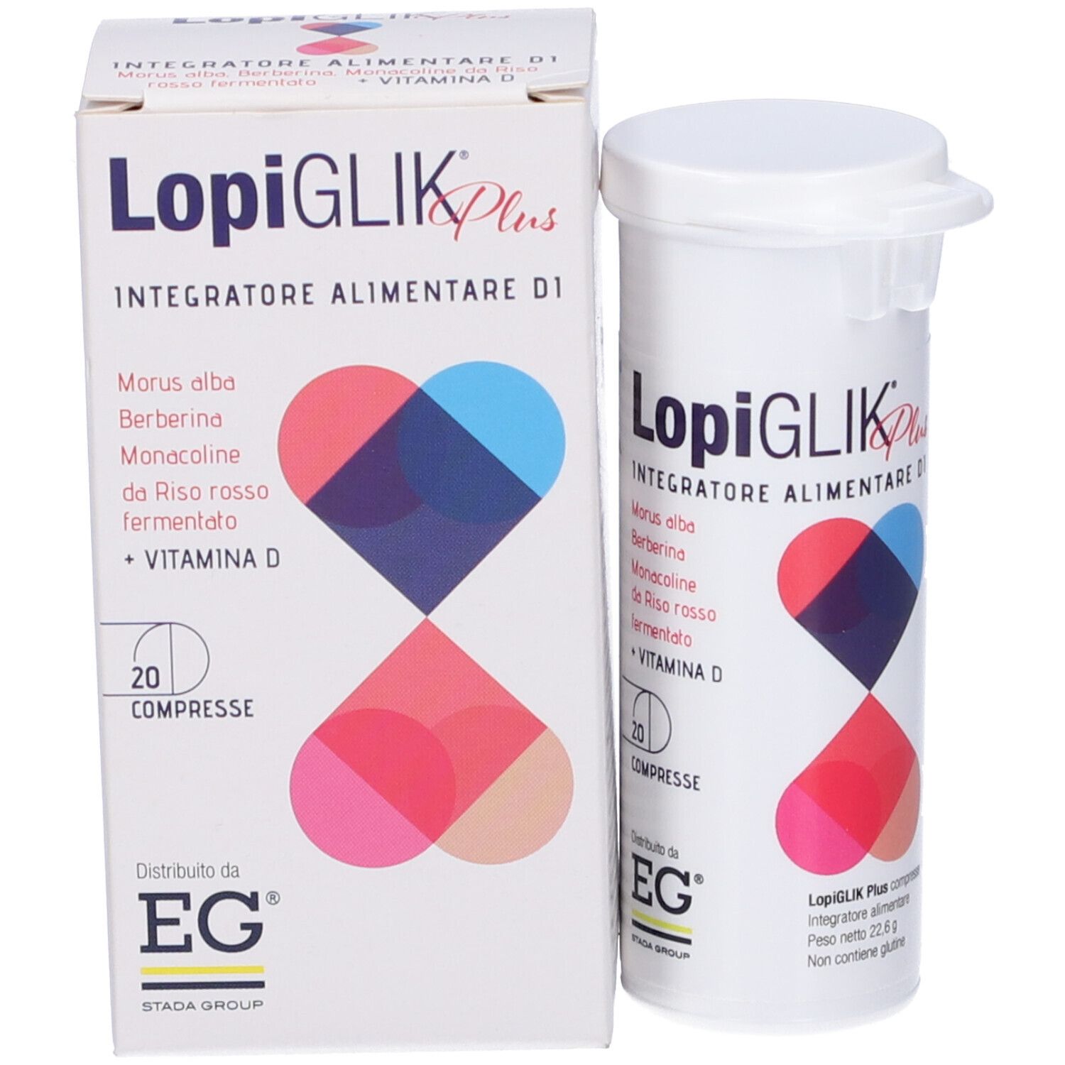 Confezione LopiGLIK Plus con tubo di compresse. 20 compresse. Ingredienti: Morus alba, berberina, riso rosso fermentato, vitamina D. Logo EG.