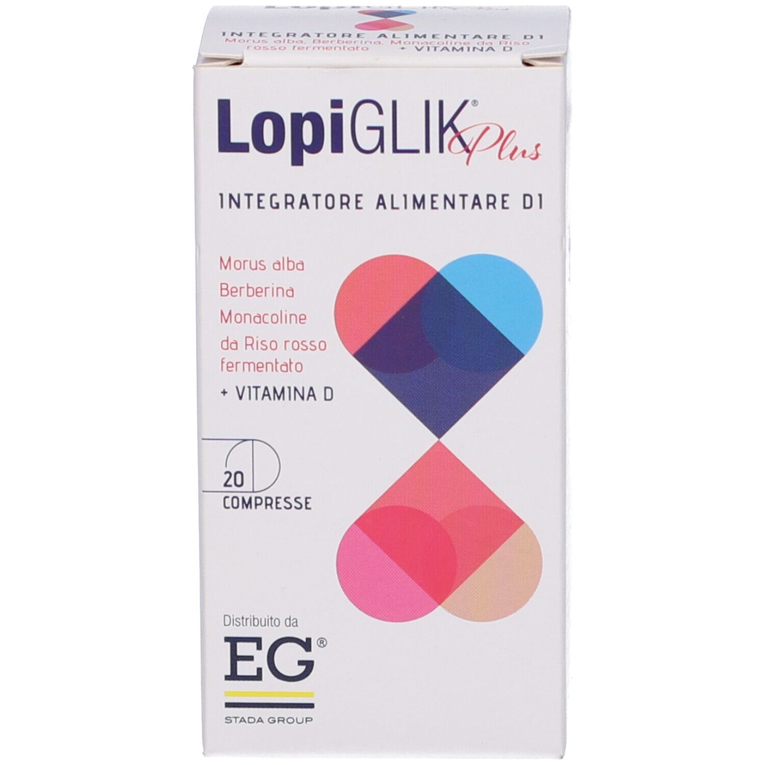 Scatola di LopiGLIK Plus. 20 compresse. Ingredienti: Morus alba, berberina, riso rosso fermentato, vitamina D. Logo EG.