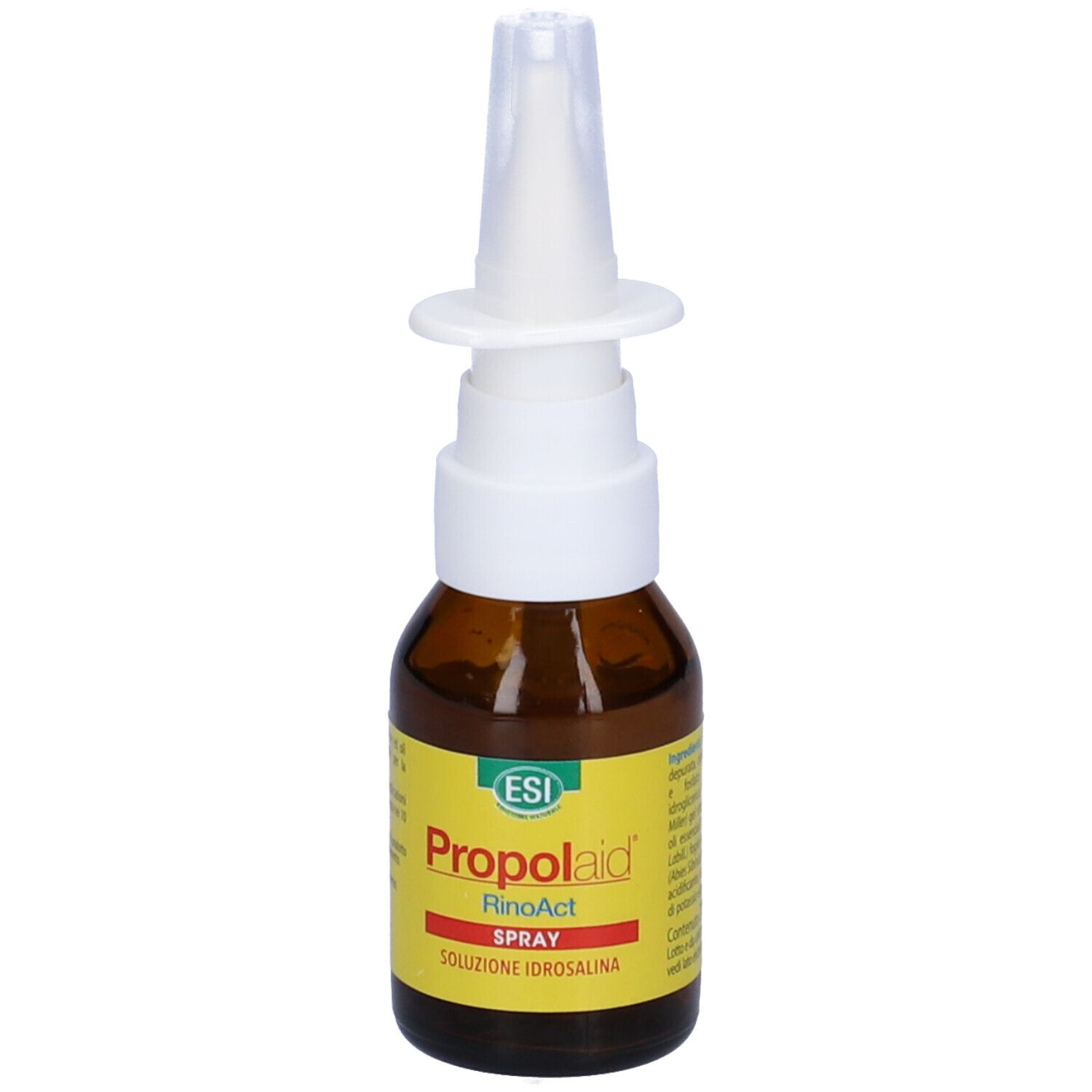 Flacone di vetro marrone con nebulizzatore bianco. Etichetta gialla con testo rosso: Propolaid RinoAct Spray. Logo ESI.
