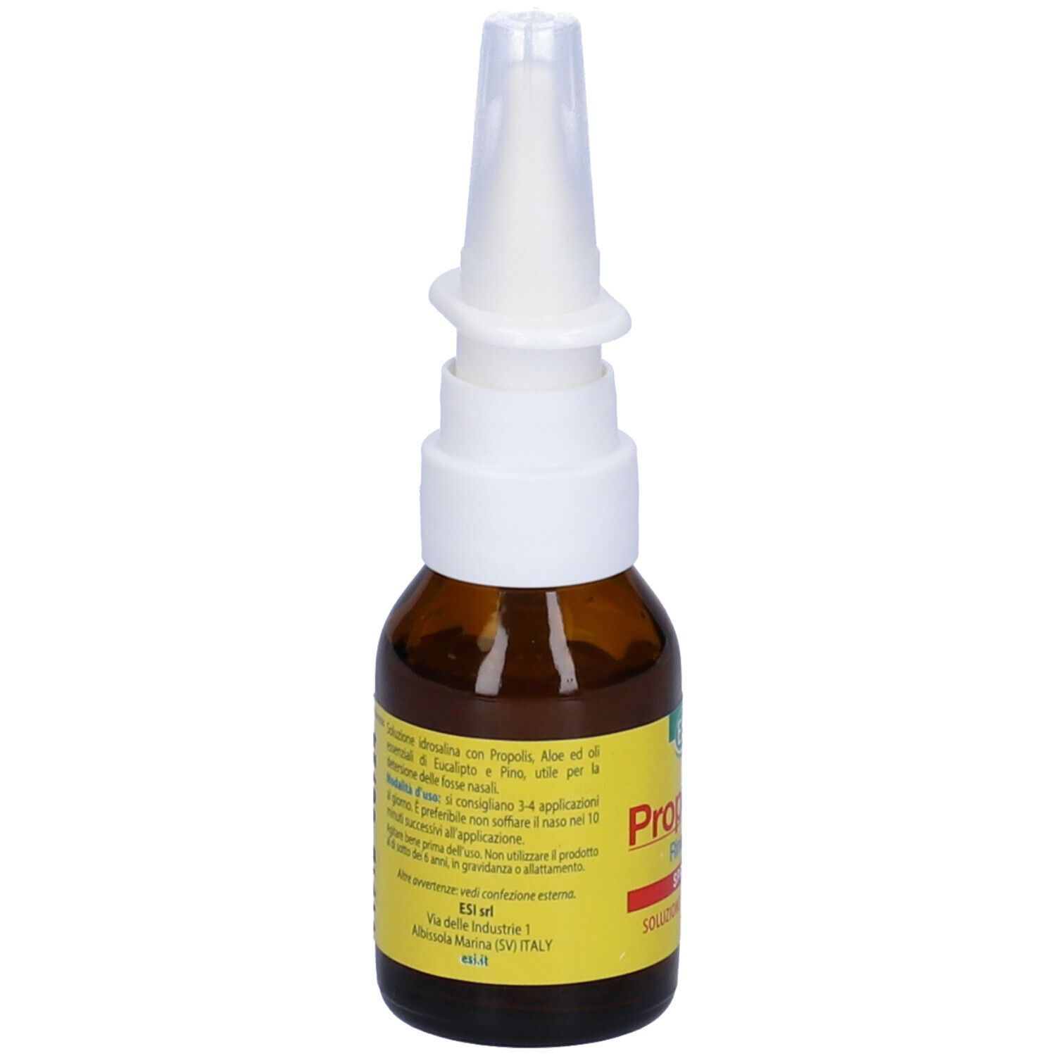 Flacone di vetro marrone con nebulizzatore bianco. Etichetta gialla con testo rosso: Propolaid RinoAct Spray. Logo ESI. Testo.
