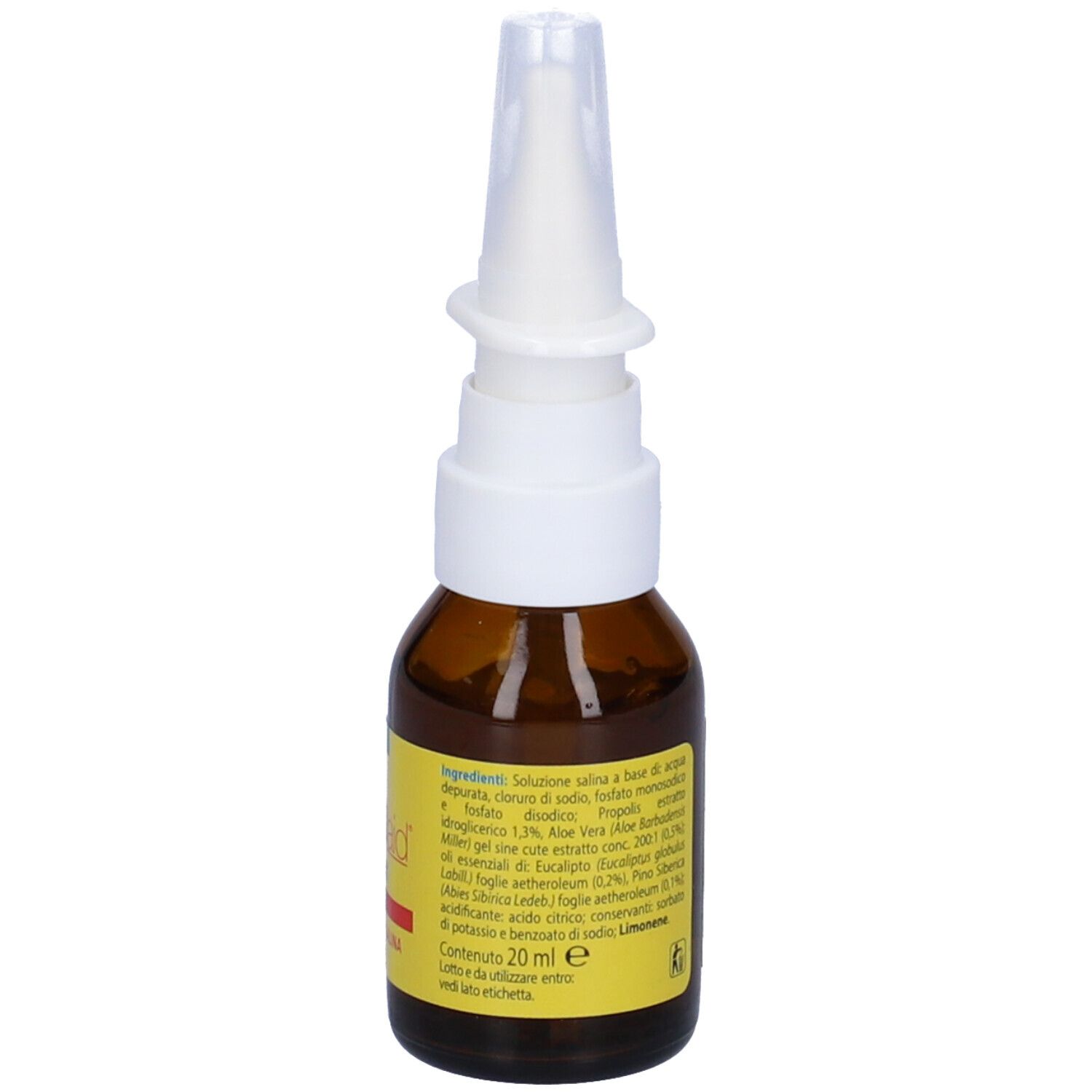 Flacone di vetro marrone con nebulizzatore bianco. Etichetta gialla con testo rosso: Propolaid RinoAct Spray. Logo ESI. Elenco ingredienti.