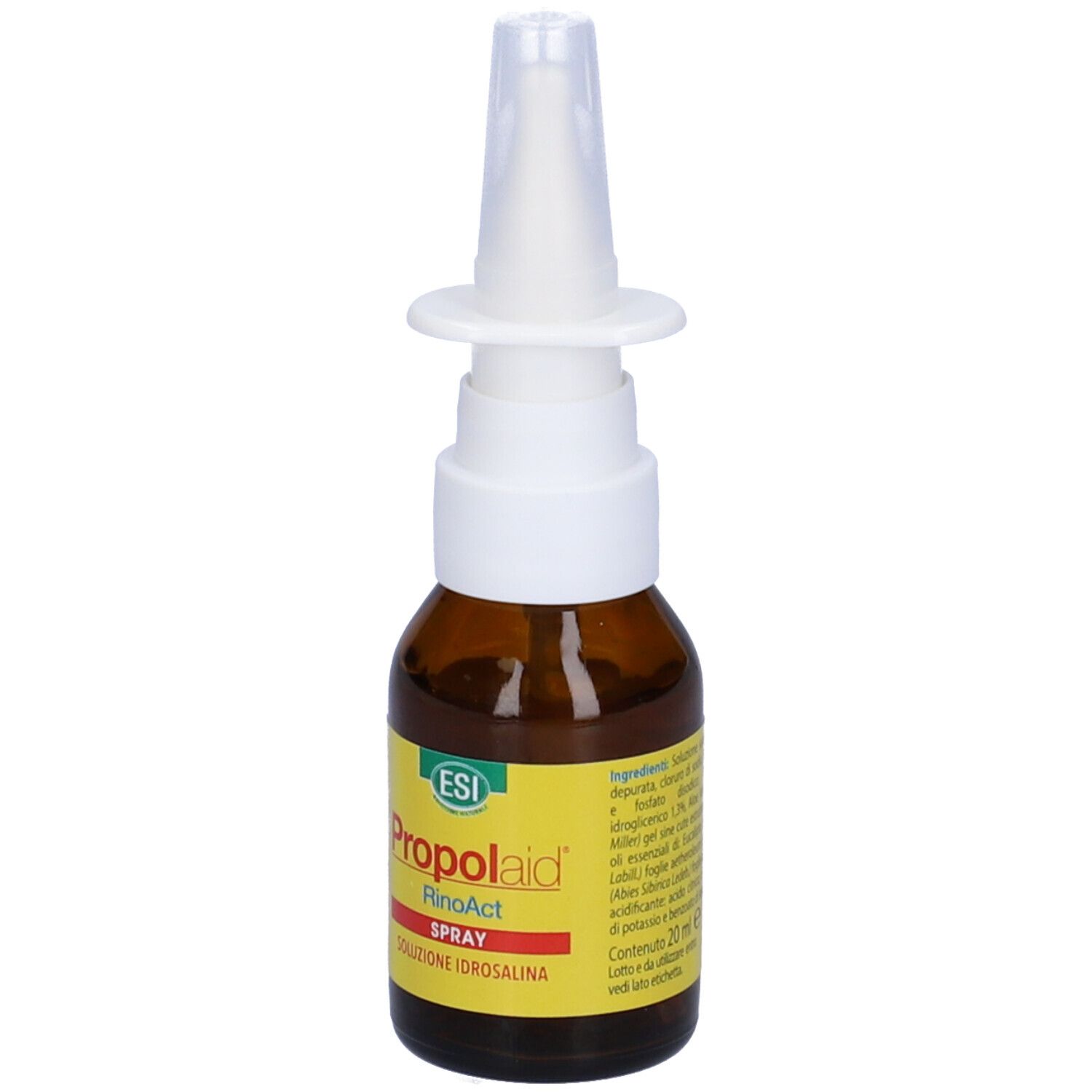 Flacone di vetro marrone con nebulizzatore bianco. Etichetta gialla con testo rosso: Propolaid RinoAct Spray. Logo ESI. Testo.