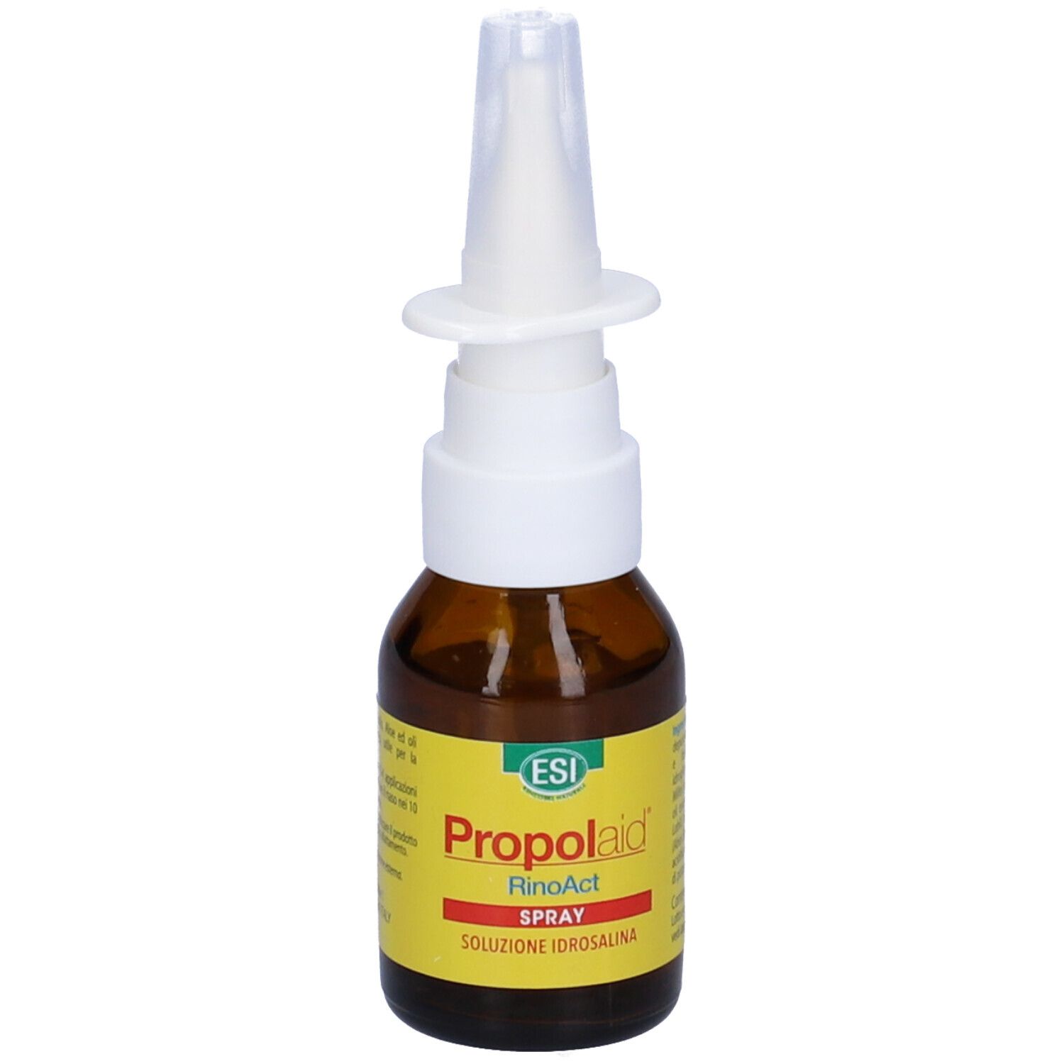 Flacone di vetro marrone con nebulizzatore bianco. Etichetta gialla con testo rosso: Propolaid RinoAct Spray. Logo ESI. Testo.