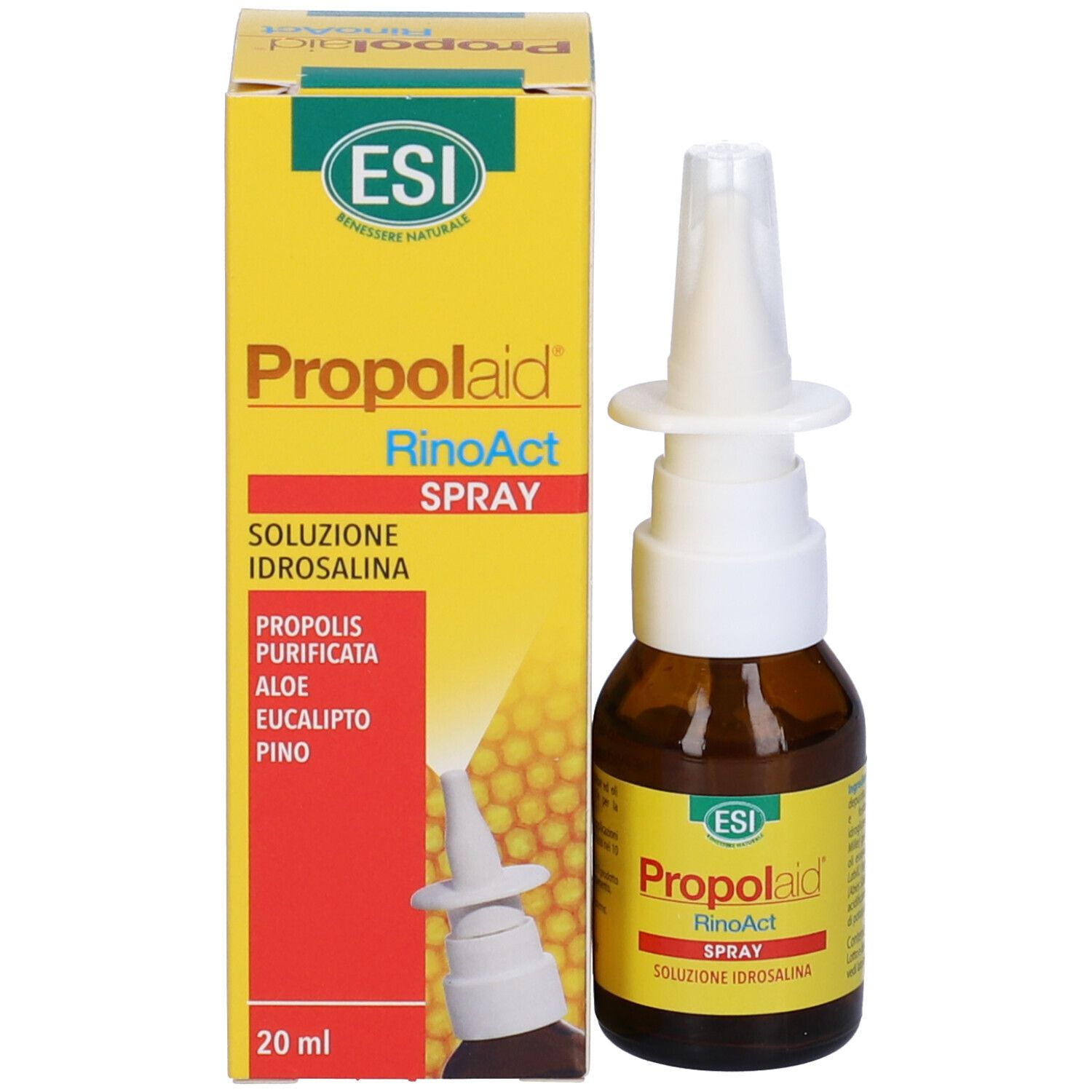 Confezione del prodotto con flacone e nebulizzatore. Scatola gialla con testo rosso: Propolaid RinoAct Spray. Logo ESI. 20 ml.