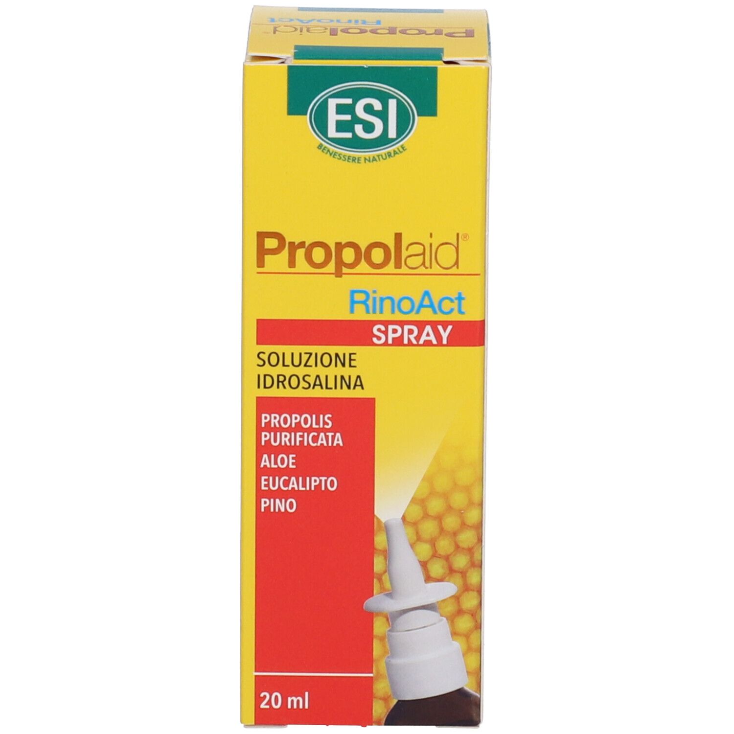 Confezione del prodotto con flacone e nebulizzatore. Scatola gialla con testo rosso: Propolaid RinoAct Spray. Logo ESI. 20 ml.