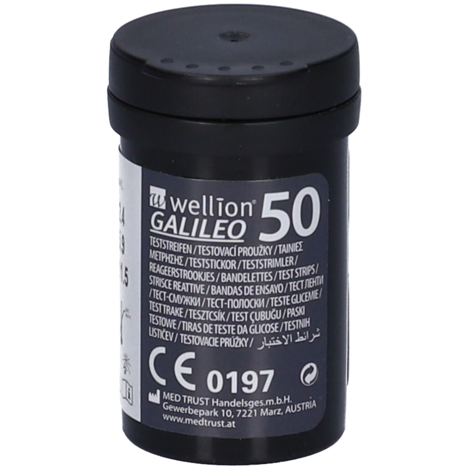 Flacone nero Wellion Galileo 50. Contiene strisce reattive per la glicemia. Marchio CE.