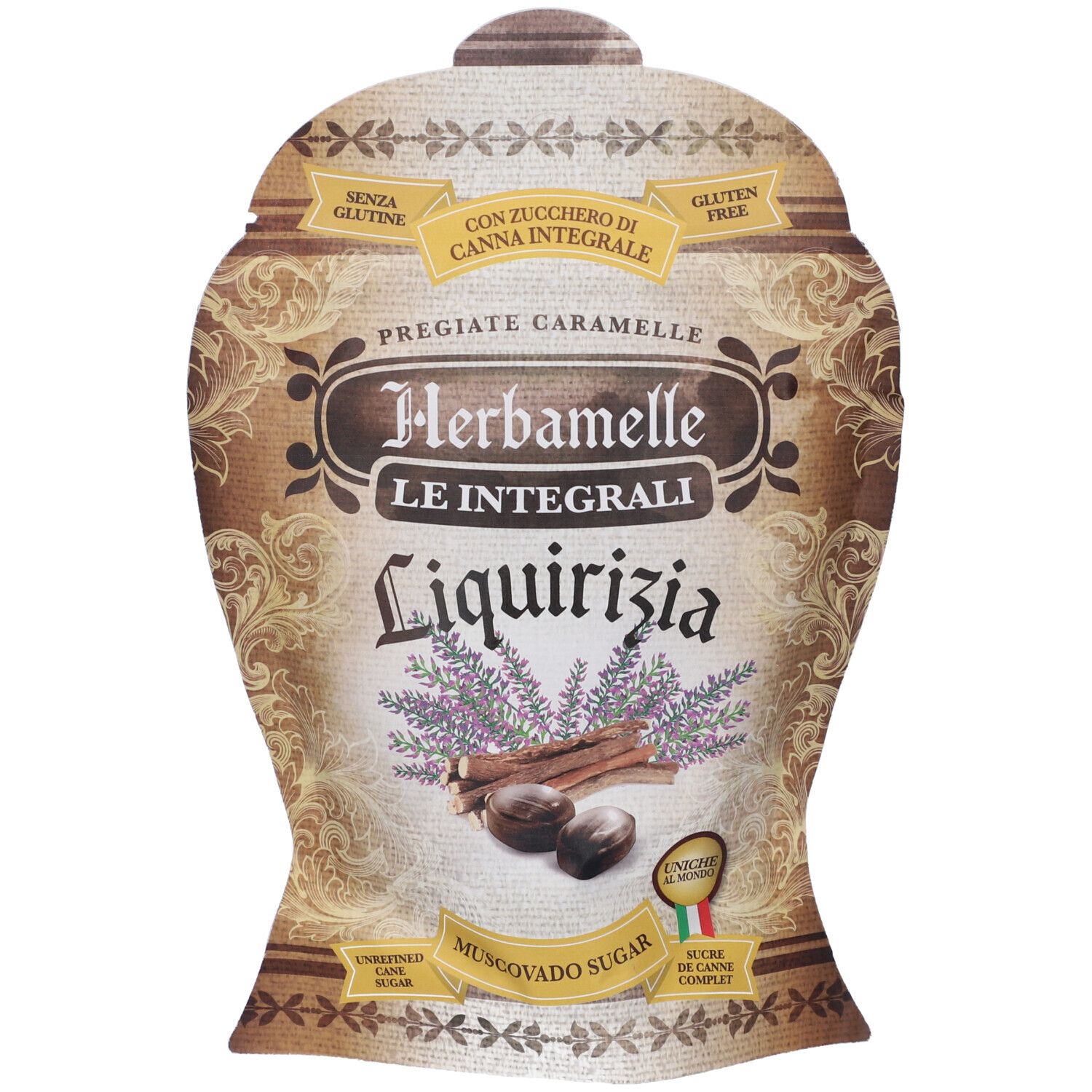 Confezione Herbamelle Le Integrali Liquirizia. Busta marrone con nome prodotto e illustrazioni di liquirizia ed erbe. Senza glutine.