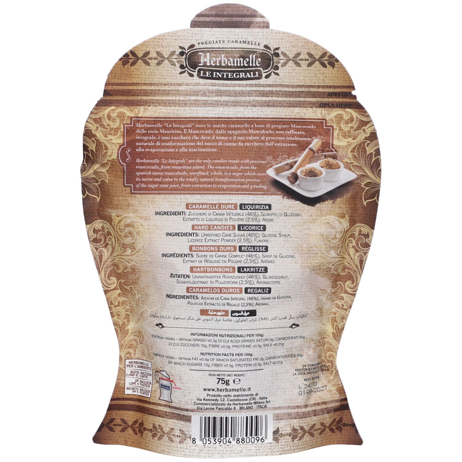 Retro confezione Herbamelle Le Integrali Liquirizia. Testo multilingue, elenco ingredienti, informazioni nutrizionali e dettagli produttore.