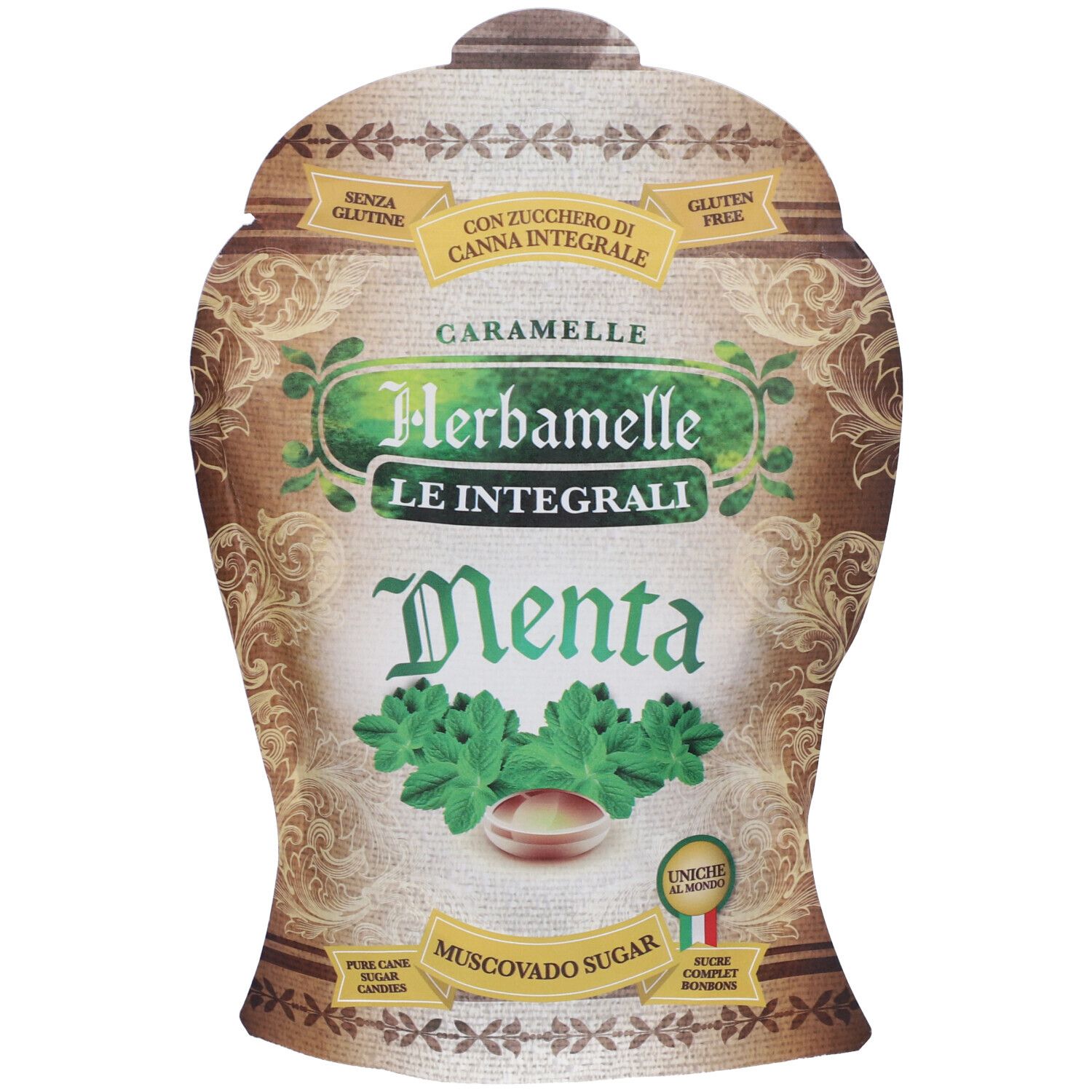 Confezione di Herbamelle Le Integrali Menta Caramelle. Fronte con nome prodotto, illustrazione menta e informazioni.