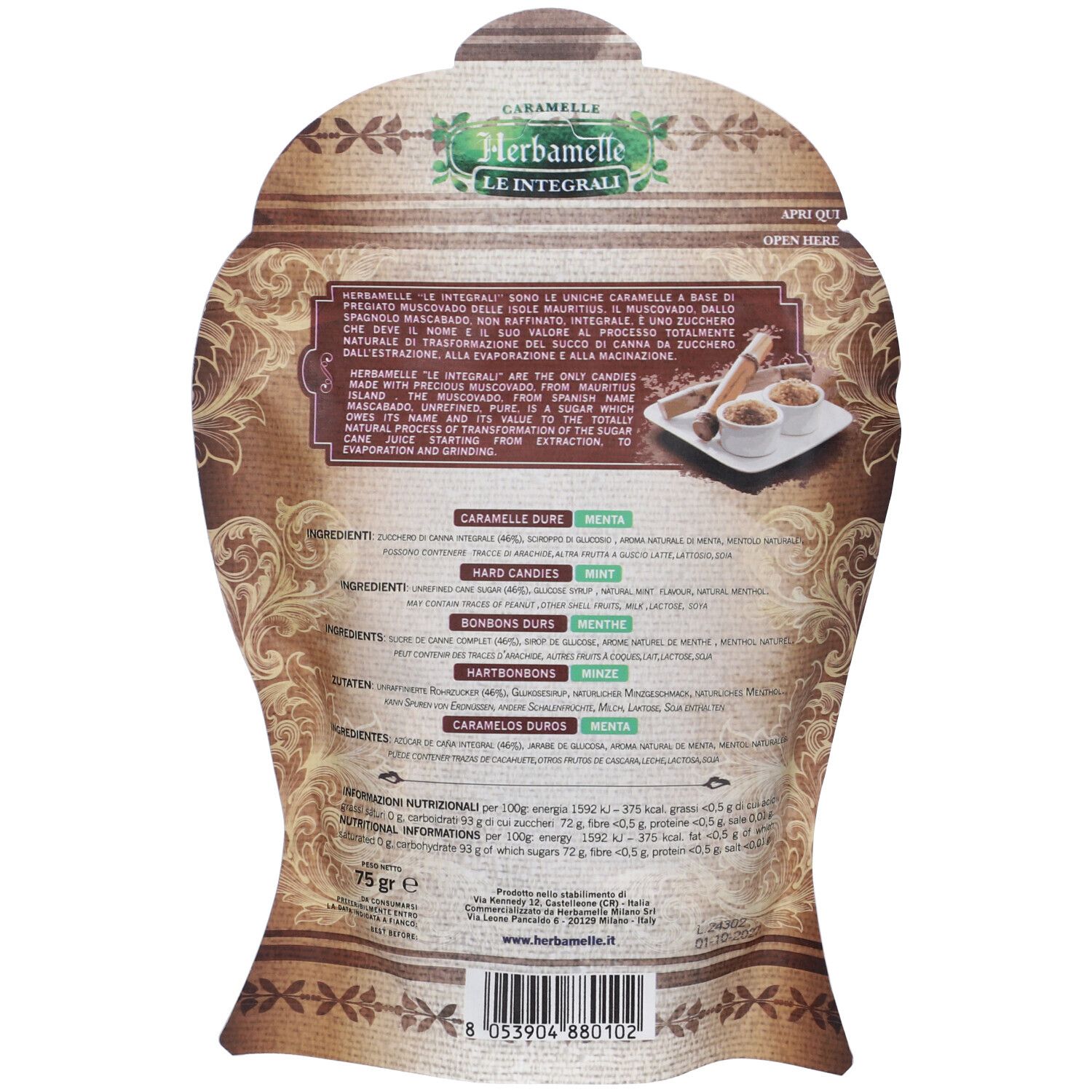 Retro della confezione Herbamelle Le Integrali Menta Caramelle. Testo, elenco ingredienti e informazioni nutrizionali.
