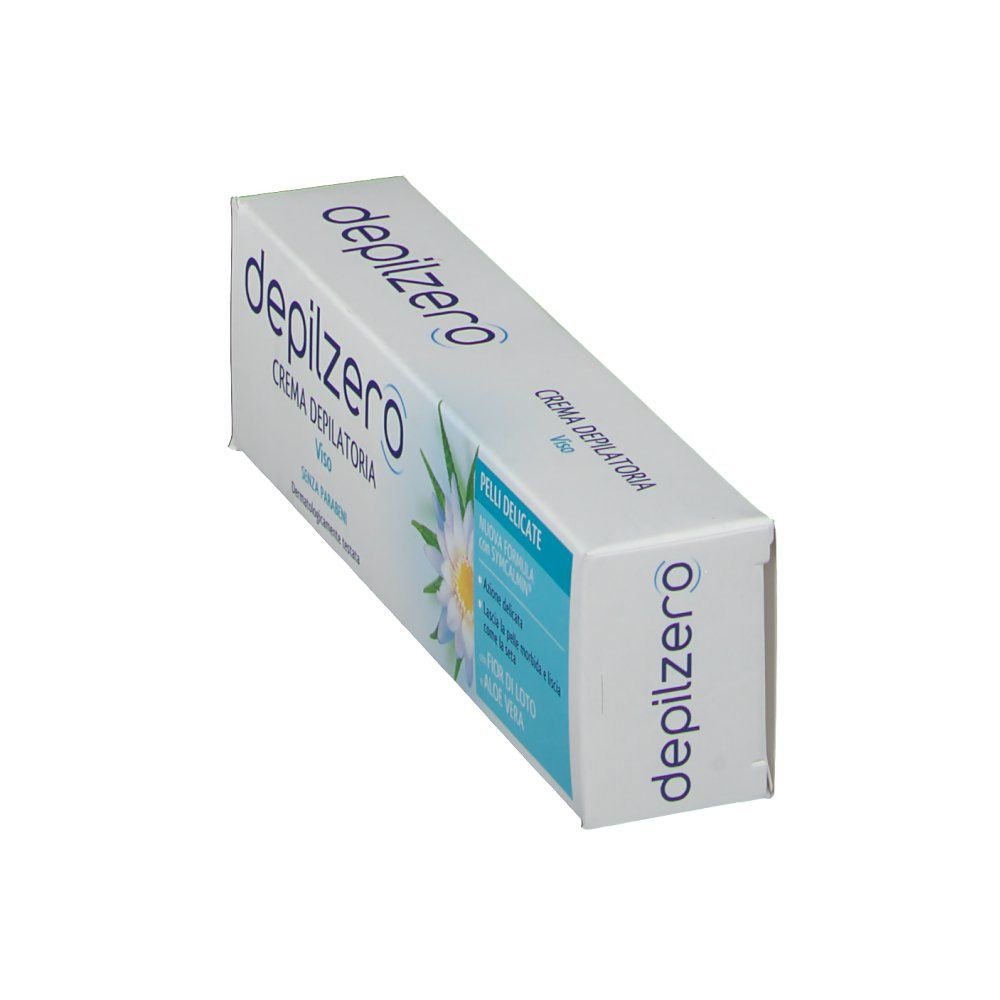 Schräg liegende, weiß-blaue Verpackung. Text: Depilzero, Creme Depilatoria Viso. Mit Lotusblume und Aloe Vera.