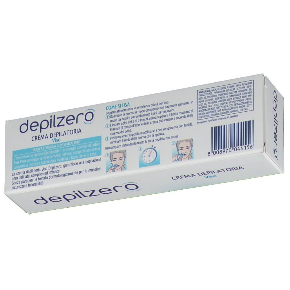 Rückseite der Verpackung. Text: Depilzero, Creme Depilatoria Viso. Gebrauchsanweisung mit Illustrationen. Barcode.