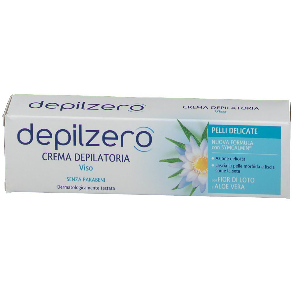 Weiß-blaue Verpackung. Text: Depilzero, Creme Depilatoria Viso. Mit Lotusblume und Aloe Vera. Für empfindliche Haut.