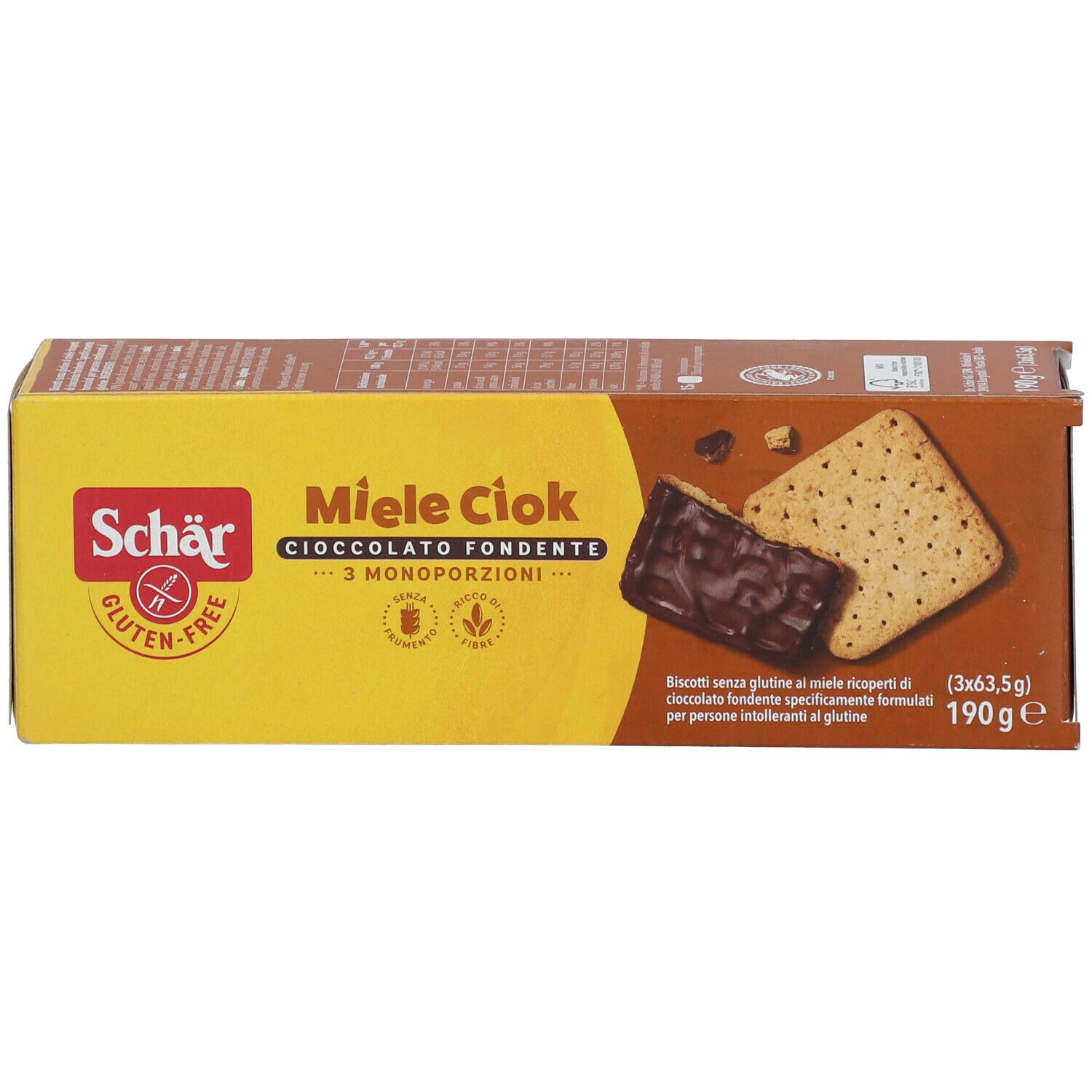 Scatola di biscotti Miele Ciok. Sulla confezione sono raffigurati due biscotti, uno ricoperto di cioccolato.