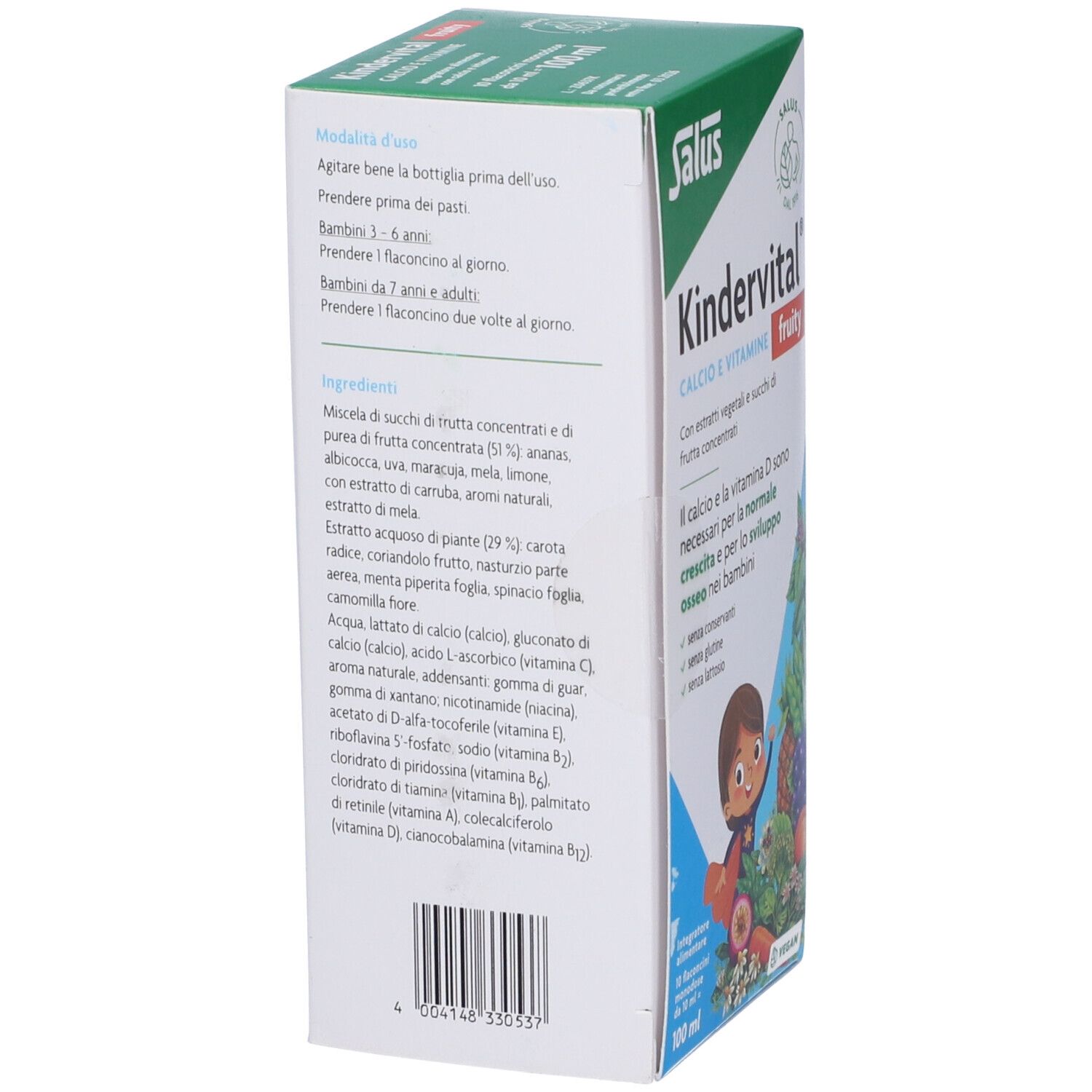 Vista laterale della scatola Salus Kindervital. Testo in italiano, ingredienti e istruzioni per l'uso.