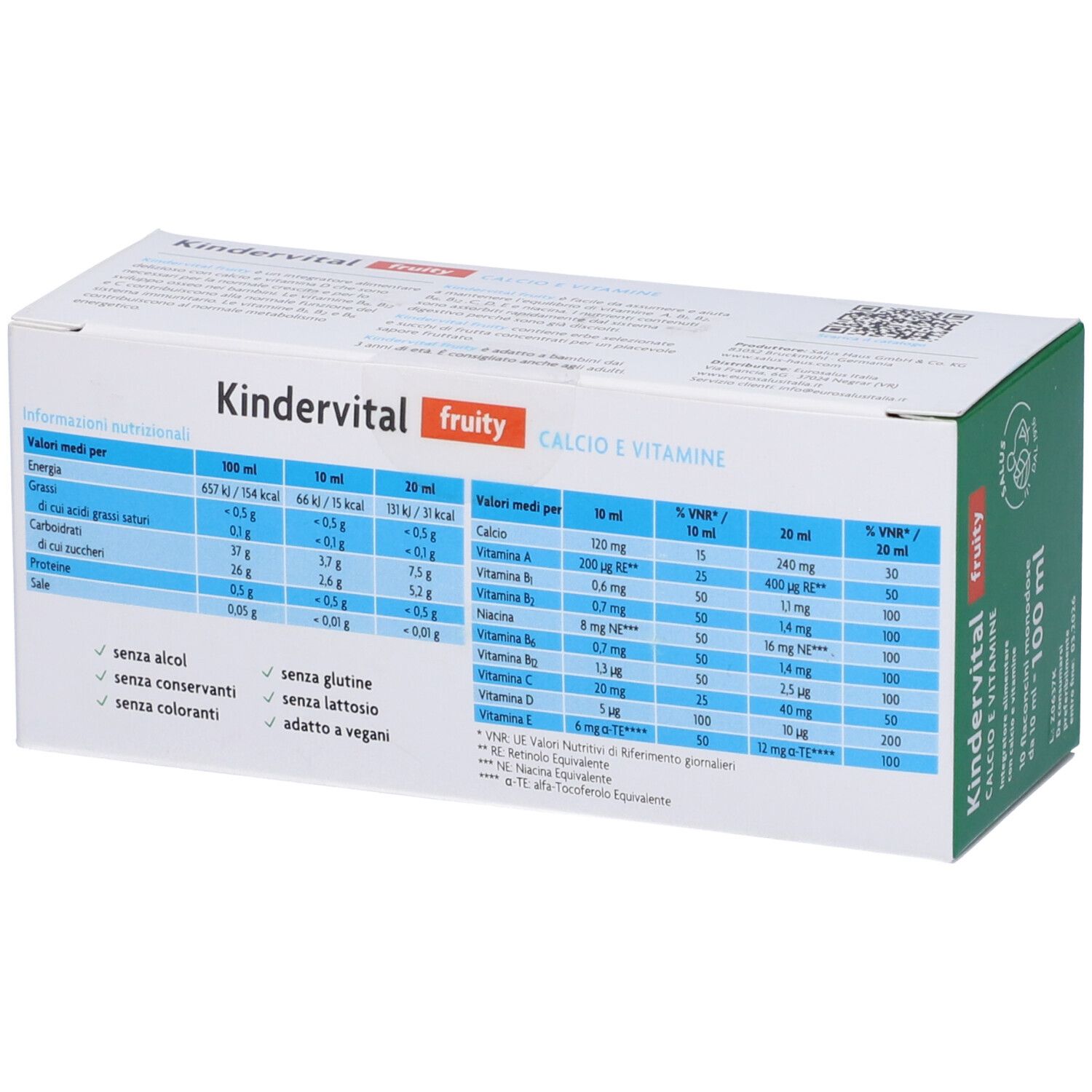 Retro della scatola Salus Kindervital. Informazioni nutrizionali e informazioni in italiano.