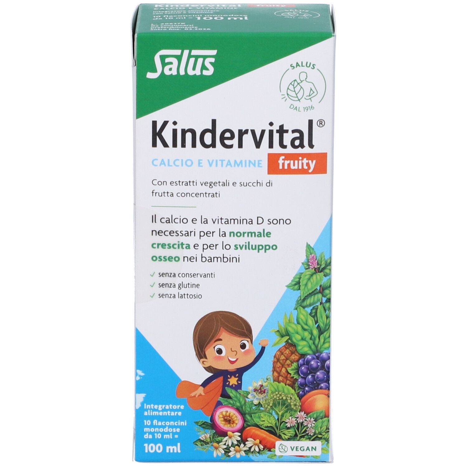 Scatola Salus Kindervital, vista frontale. Illustrazioni di frutta e verdura, testo in italiano.
