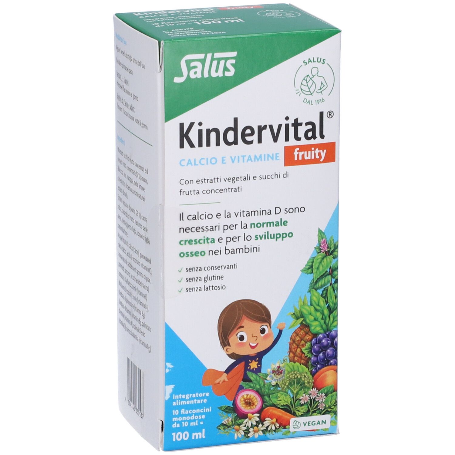 Scatola Salus Kindervital, vista frontale. Illustrazioni di frutta e verdura, testo in italiano.