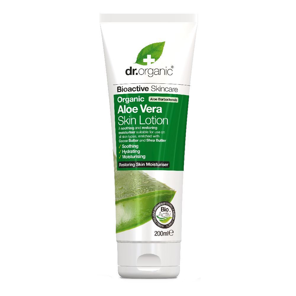 Weisse Tube mit grünem Etikett. Aufschrift: Organic Aloe Vera Skin Lotion. Logo: Blatt mit Kreuz. 200ml.