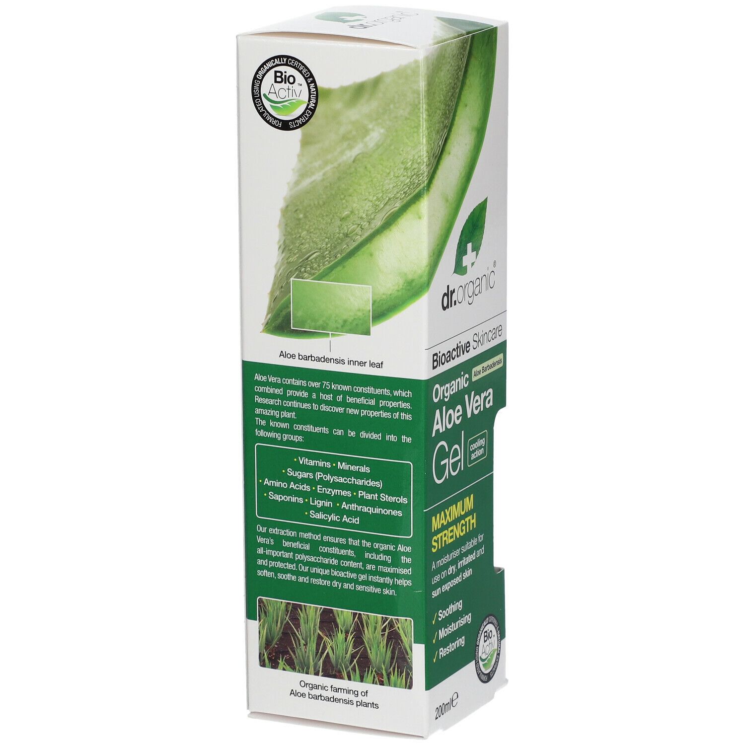 Confezione di gel di aloe vera Dr. Organic. Dettaglio degli ingredienti e del marchio biologico. Testo: Cura bioattiva, Gel di aloe vera.