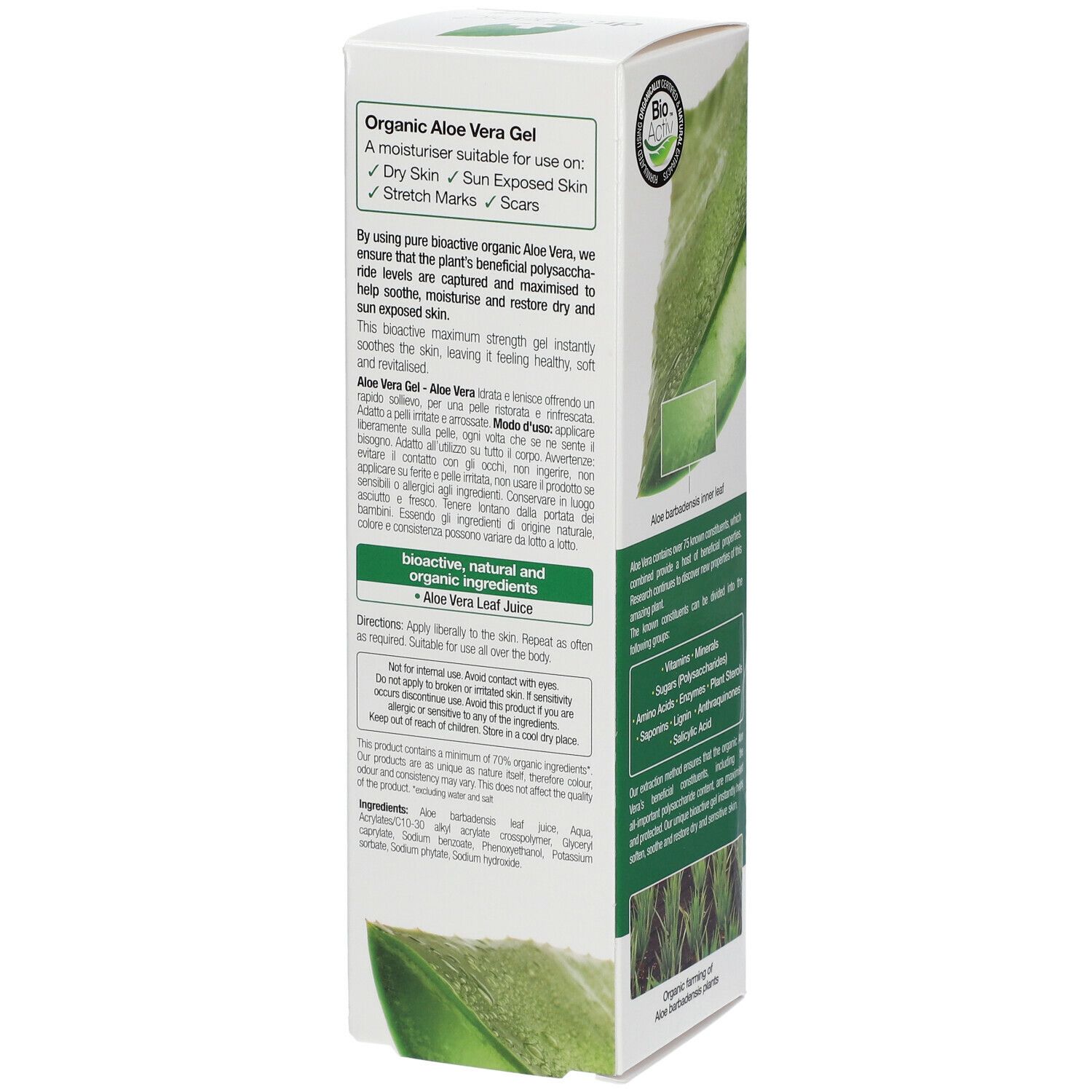 Confezione di gel di aloe vera Dr. Organic. Retro con informazioni sull'uso e sugli ingredienti. Testo: Ingredienti naturali e bioattivi.