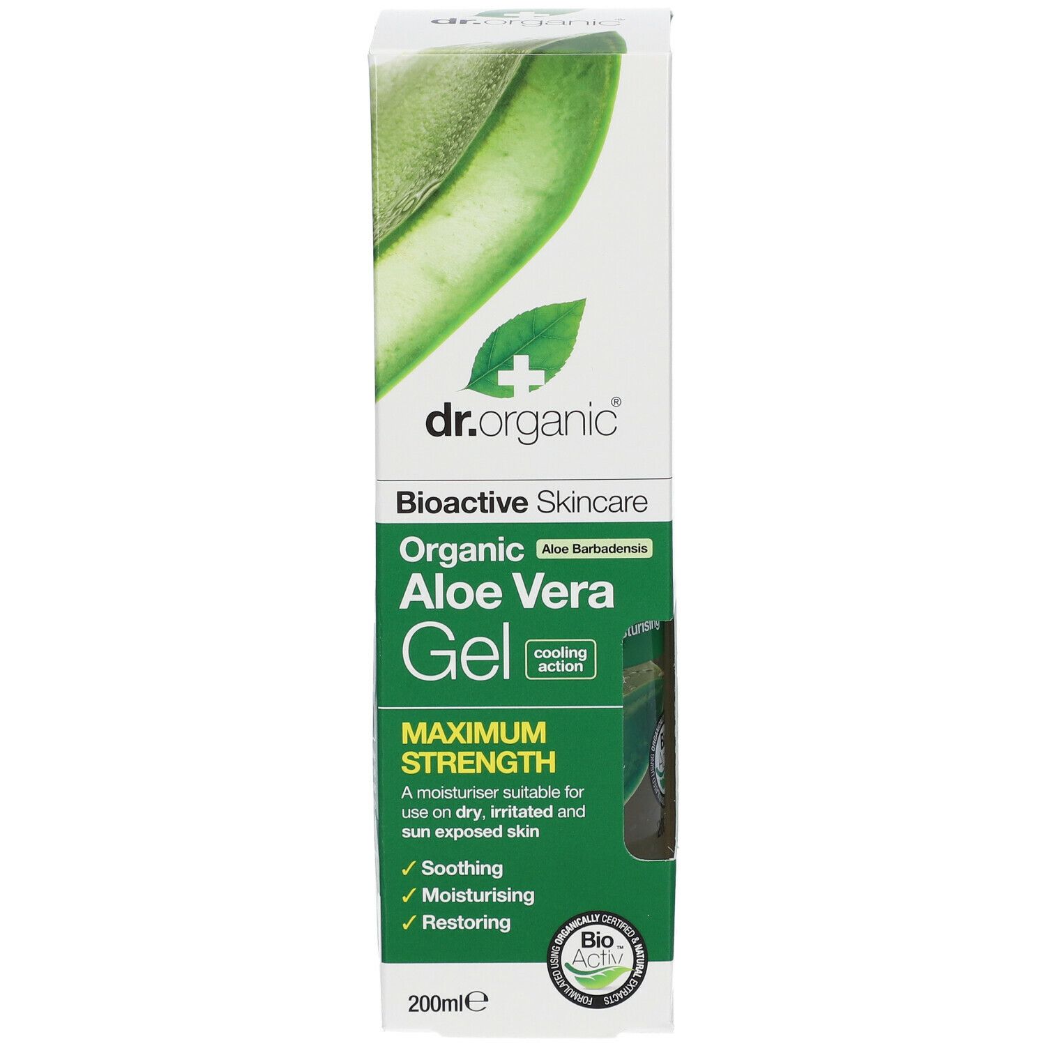 Confezione di gel di aloe vera Dr. Organic. Scatola bianca con illustrazione di foglia di aloe vera. Testo: Cura bioattiva, Maximum Strength.
