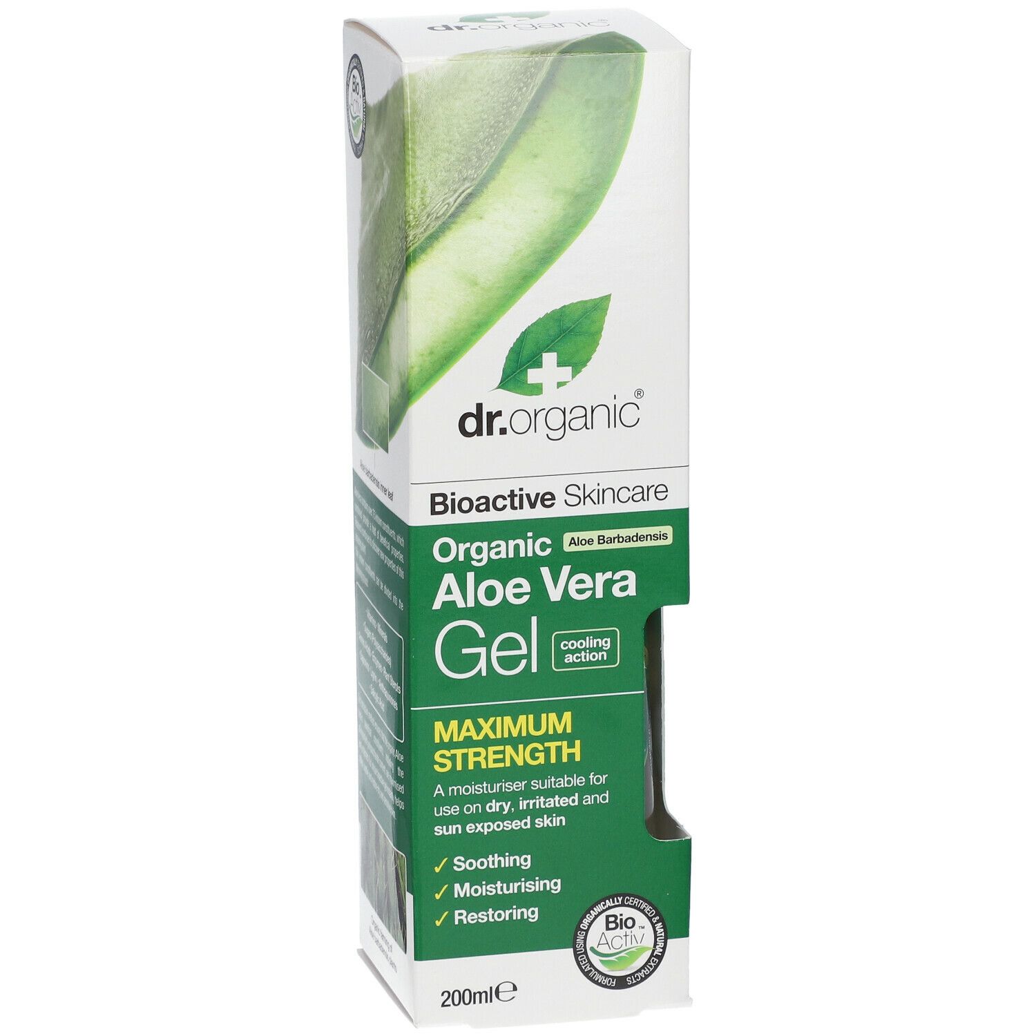 Confezione di gel di aloe vera Dr. Organic. Scatola bianca con illustrazione di foglia di aloe vera. Testo: Cura bioattiva, Maximum Strength.