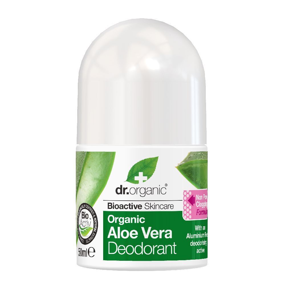Weißer Roll-on-Deo-Behälter mit grünen und weißen Etiketten. Aufschrift: Dr. Organic Bio-Aloe Vera Deodorant.