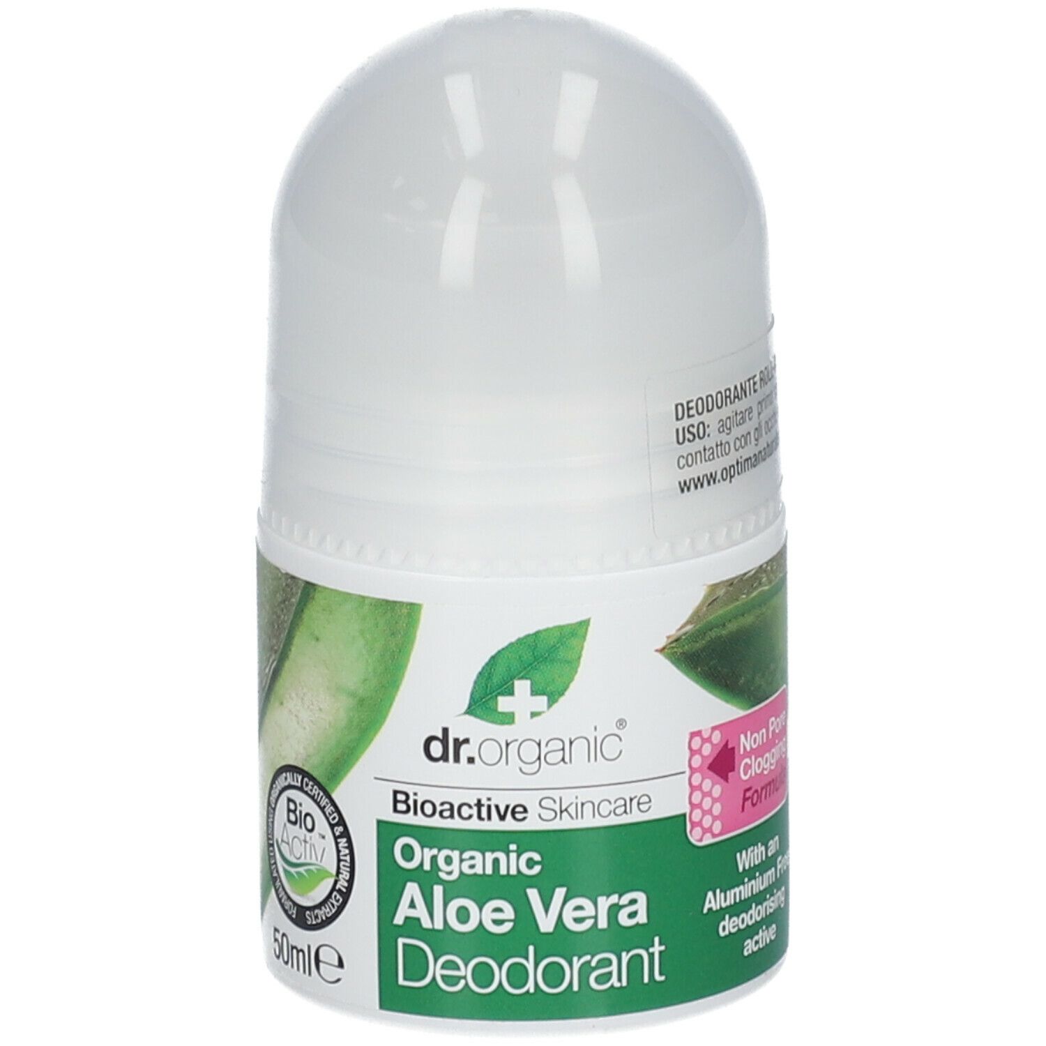 Roll-on-Deodorant. Weißer Behälter mit grünem Etikett. Aufschrift: Aloe Vera Deodorant. Bio-Aktiv-Logo.