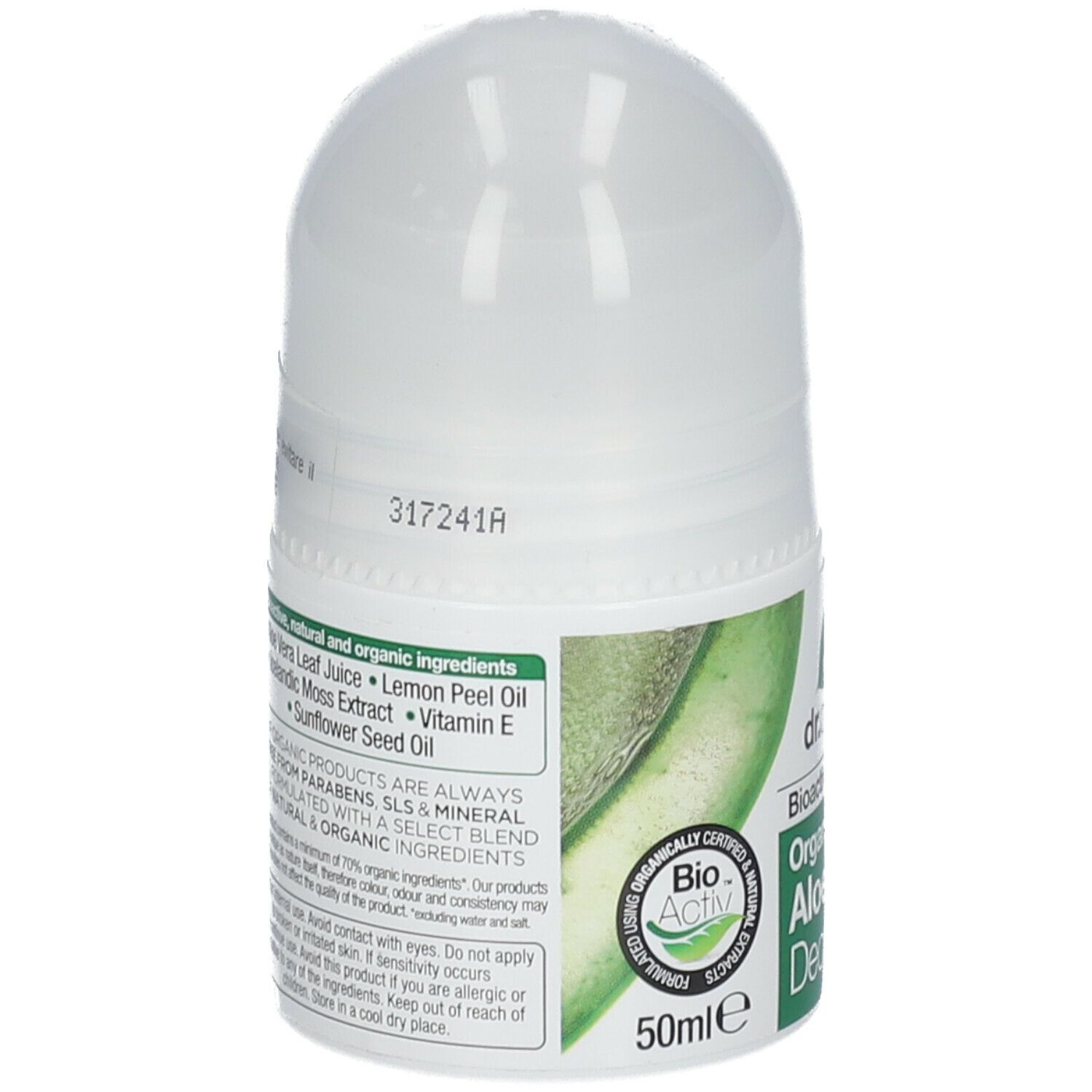 Rückseite des Roll-on-Deodorants. Weißer Behälter mit grünem Etikett. Inhaltsstoffe und Bio-Aktiv-Logo.