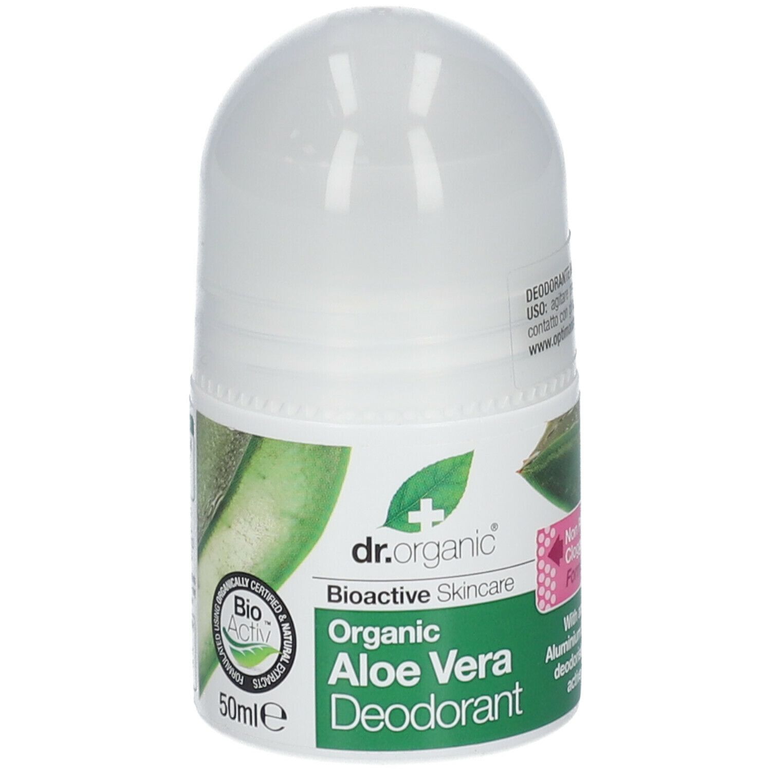 Roll-on-Deodorant. Weißer Behälter mit grünem Etikett. Aufschrift: Aloe Vera Deodorant. Bio-Aktiv-Logo.
