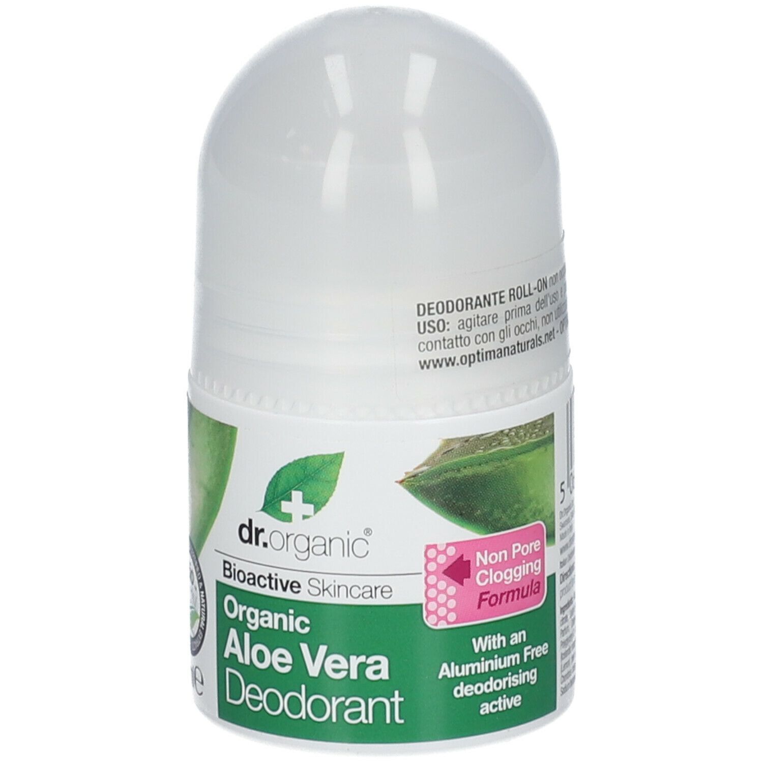 Roll-on-Deodorant. Weißer Behälter mit grünem Etikett. Aufschrift: Aloe Vera Deodorant. Bio-Aktiv-Logo.