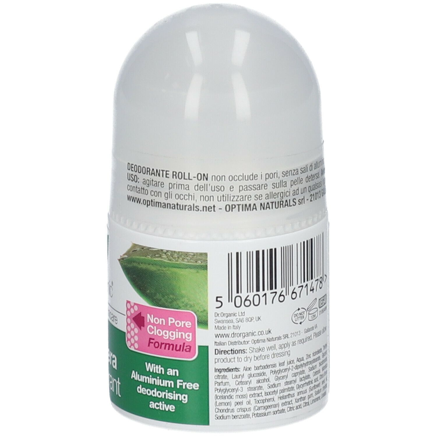 Rückseite des Roll-on-Deodorants. Weißer Behälter mit grünem Etikett. Inhaltsstoffe und Bio-Aktiv-Logo.